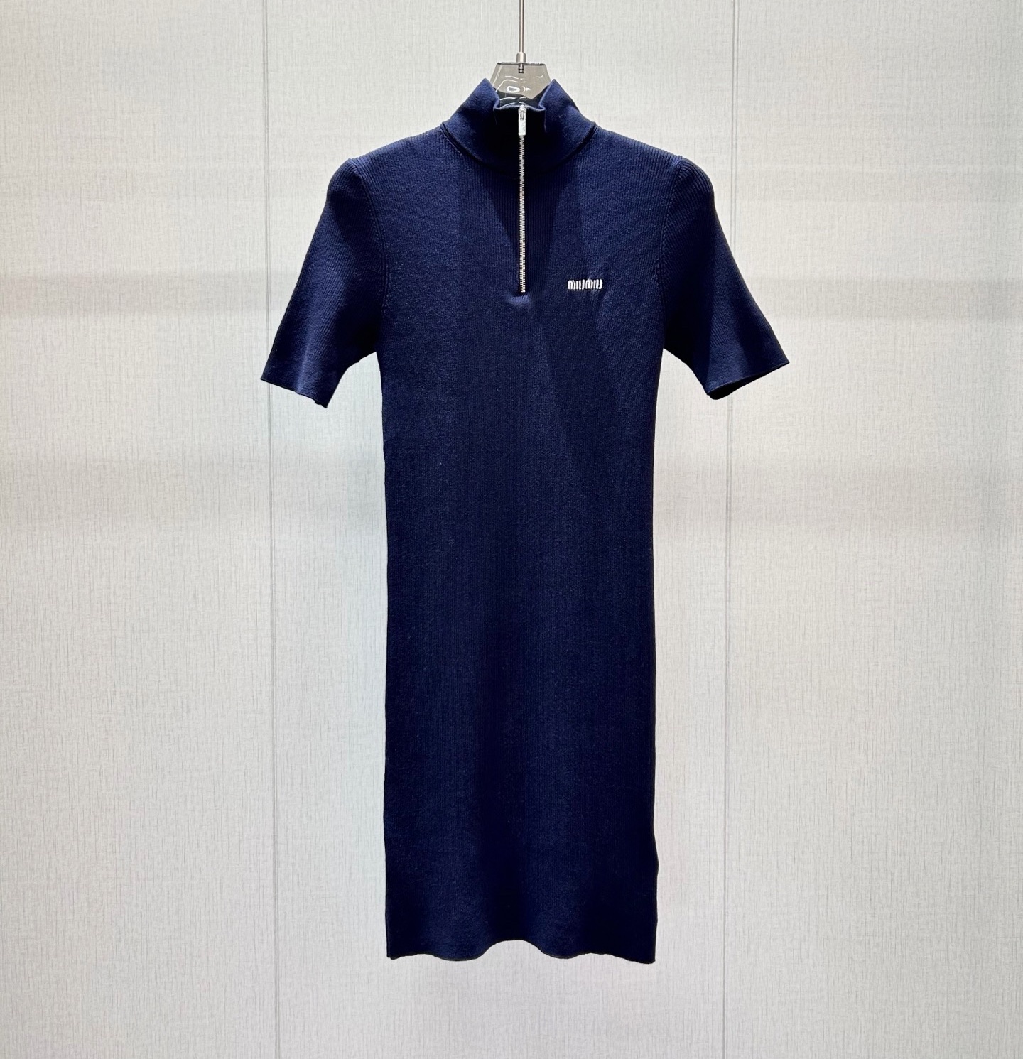 Miu Miu Navy Logo Zip Neck Knit Dress