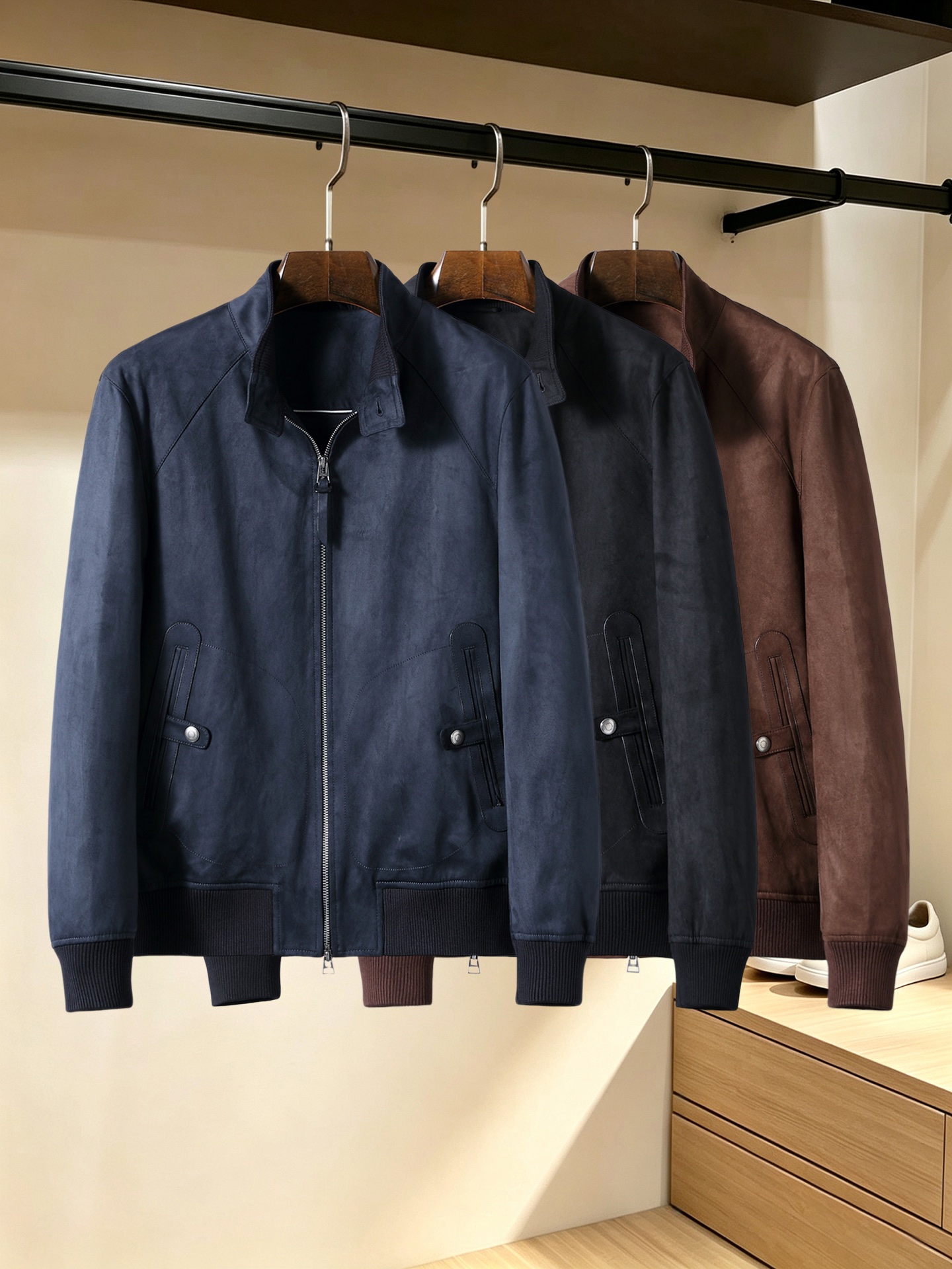 T OM FORD Boss/波斯 27新品男士弹力麂皮绒面料秋冬高档休闲立领夹克 手感柔软简洁且挺括 颜色：黑色 咖色
