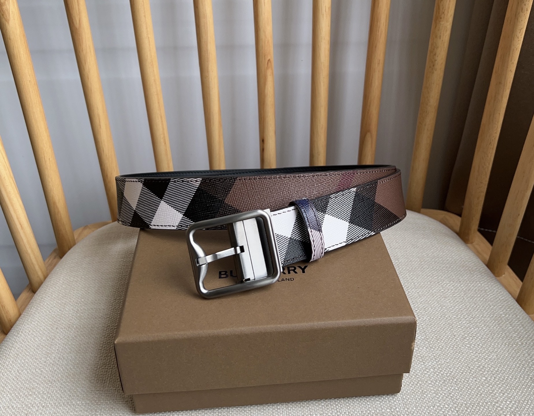 Burberry Geruite Reversible Riem met Palladium Gesp, 3.5cm