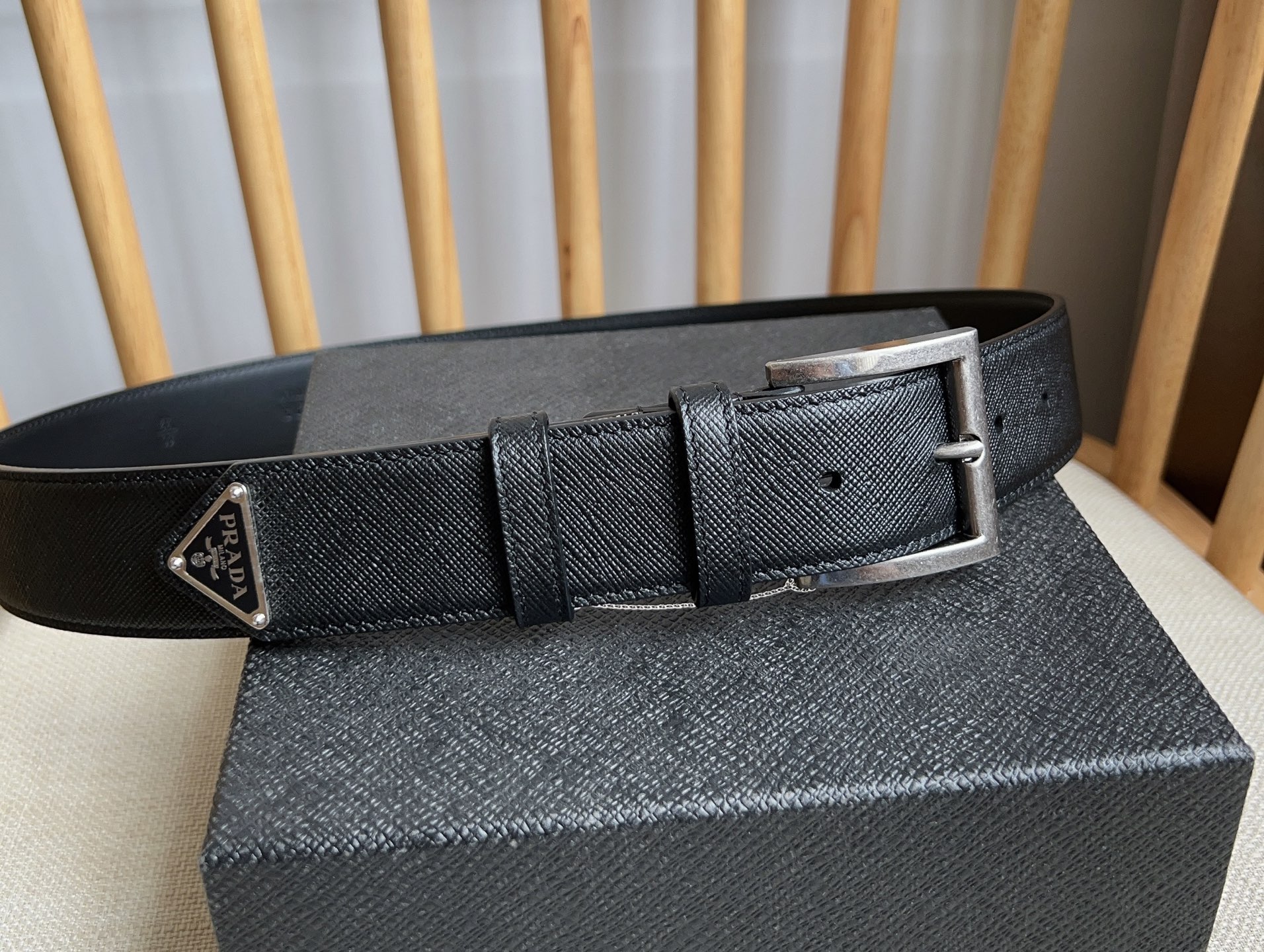 Prada Saffiano Leather Belt with Metal Buckle, Unisex, 3.5cm Wide 8 i1749399518913 5901 0 6