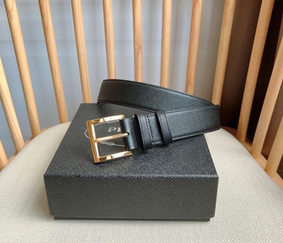 Prada Saffiano Leather Belt with Metal Buckle, Unisex, 3.5 cm Wide
