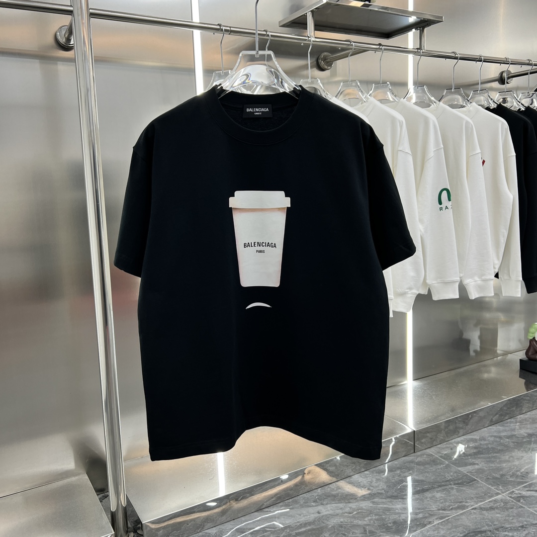 Balenciaga Clothing T-Shirt Black Printing Unisex Silk Short Sleeve