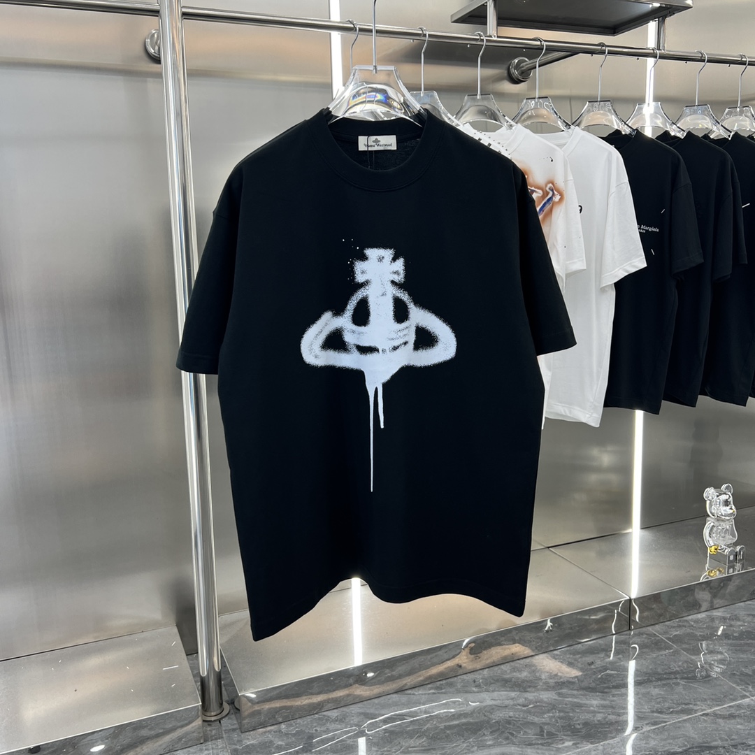 Vivienne Westwood Clothing T-Shirt Top Perfect Fake
 Black Grey White Printing Short Sleeve