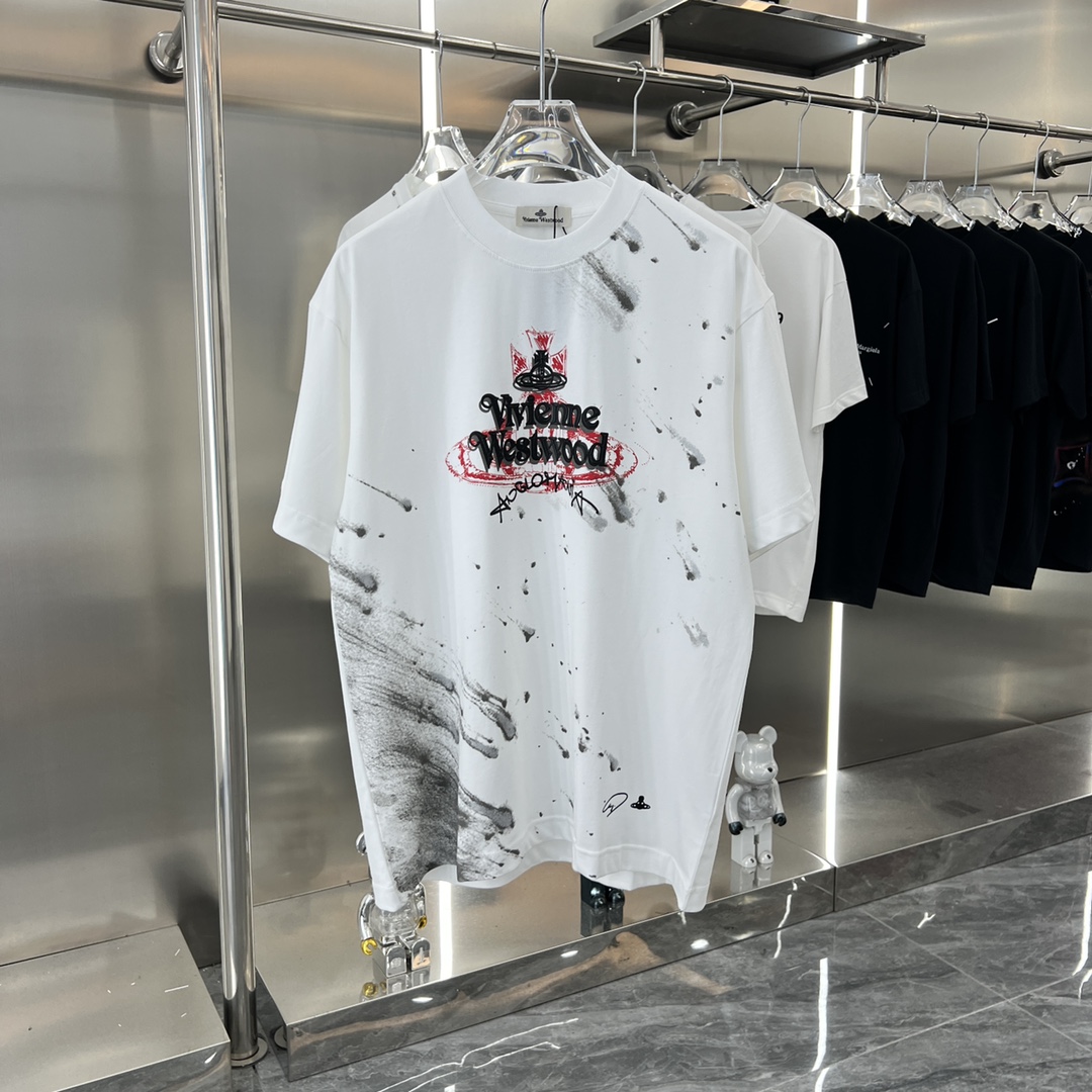 Vivienne Westwood Clothing T-Shirt Black Grey White Printing Short Sleeve