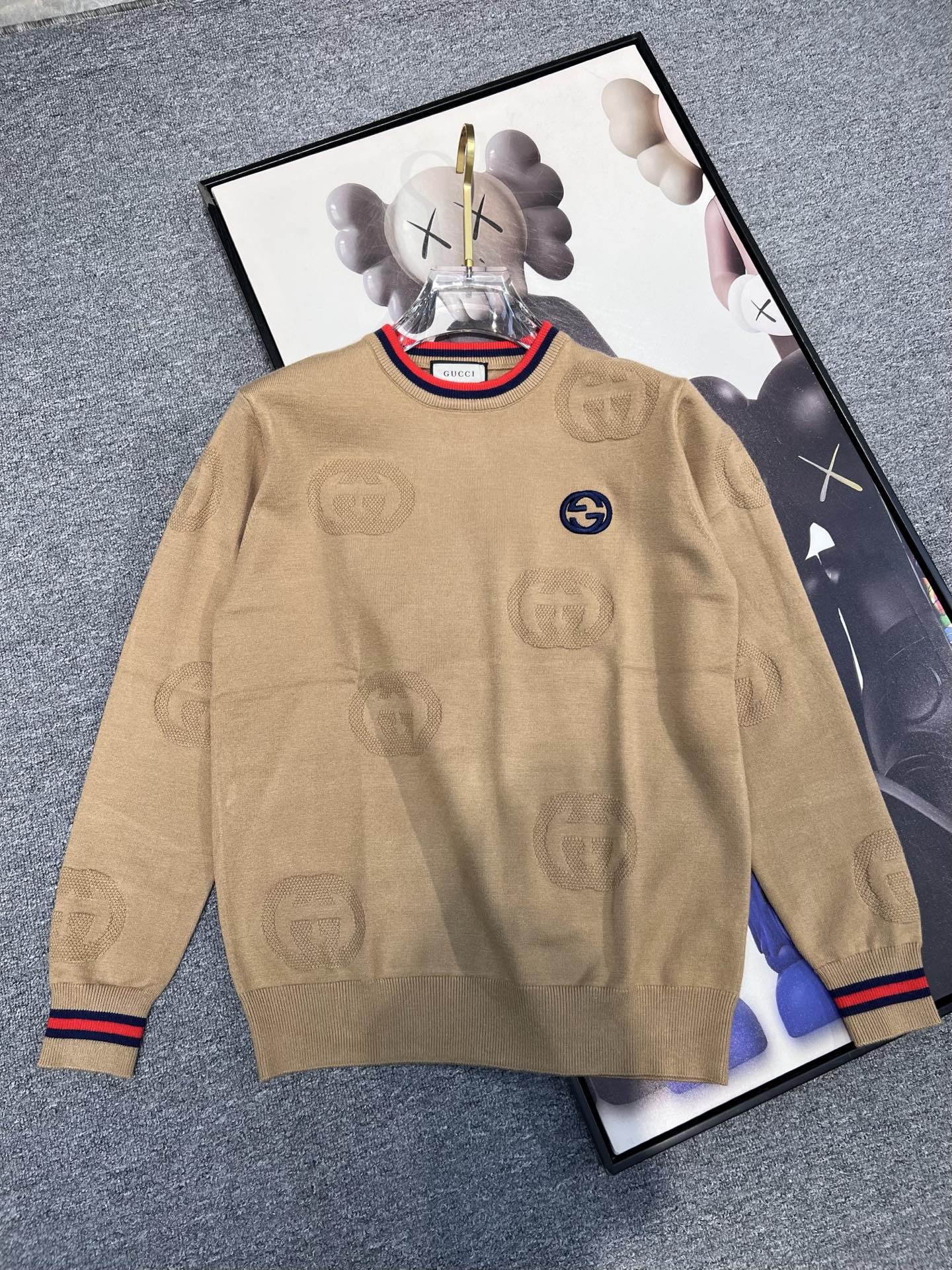 Gucci Tan Crest Stripe Trim Sweater