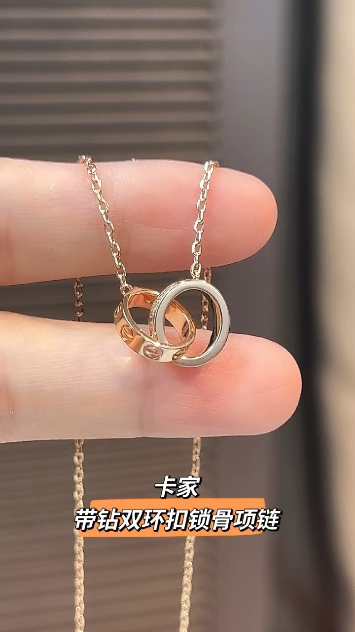 Cartier 卡地亚/Carrier玫瑰金 LOVE满钻双环 项链