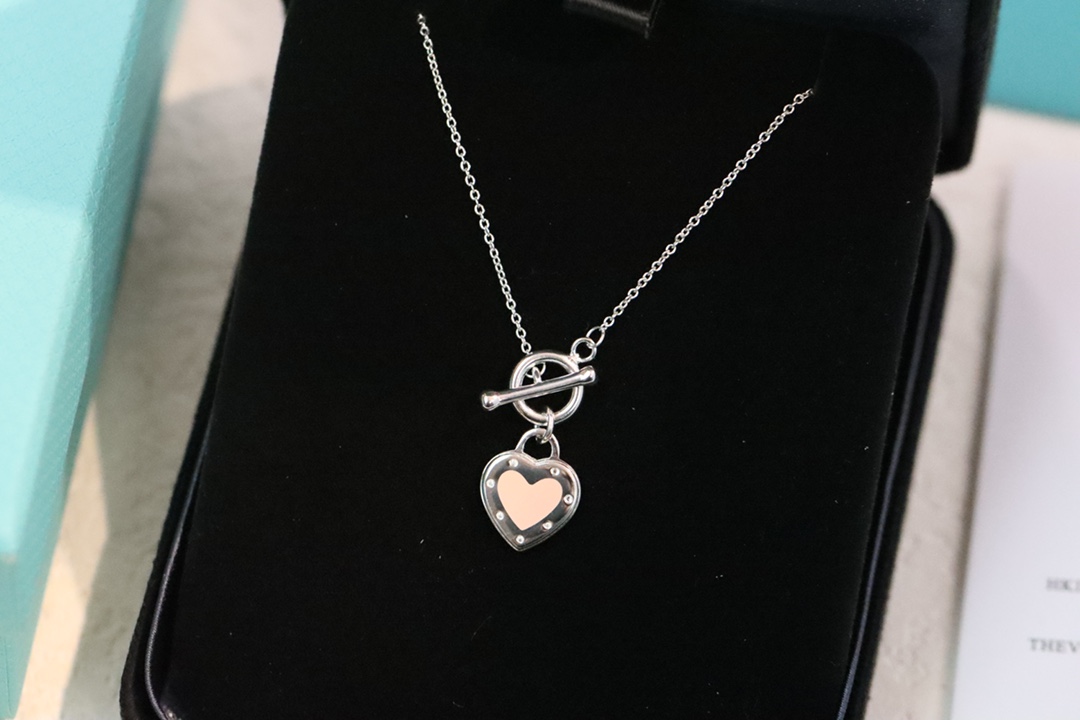 Tiffany & Co. Tiffany&Co.粉色珐琅心形针扣锁骨项链 925纯银