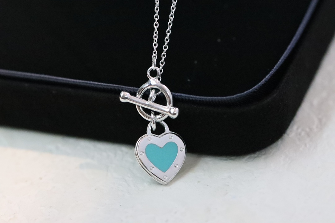 Tiffany & Co. Tiffany&Co.蓝色珐琅心形针扣锁骨项链 925纯银