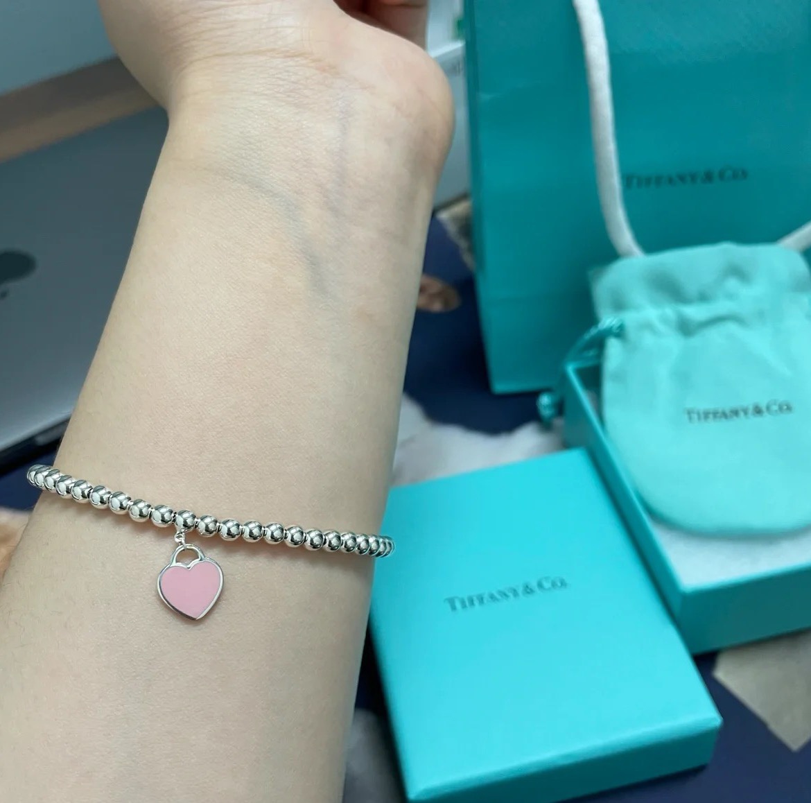 Tiffany & Co. Tiffany&Co.粉色珐琅爱心手链 925纯银