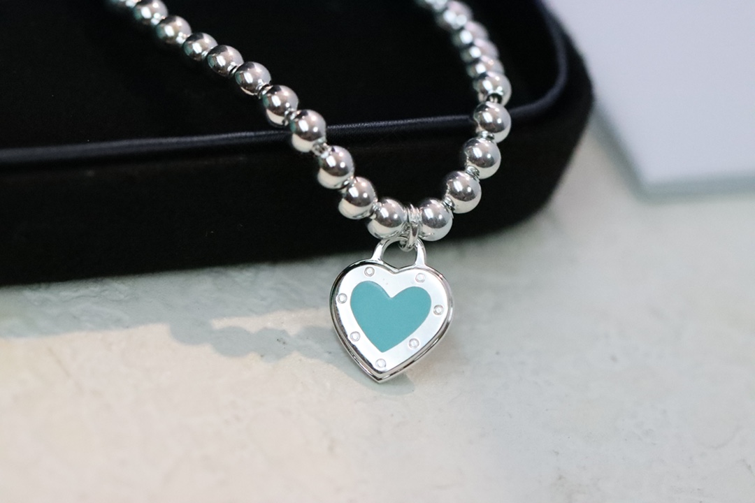Tiffany & Co. Tiffany&Co.蓝色珐琅心形针扣锁骨项链 925纯银