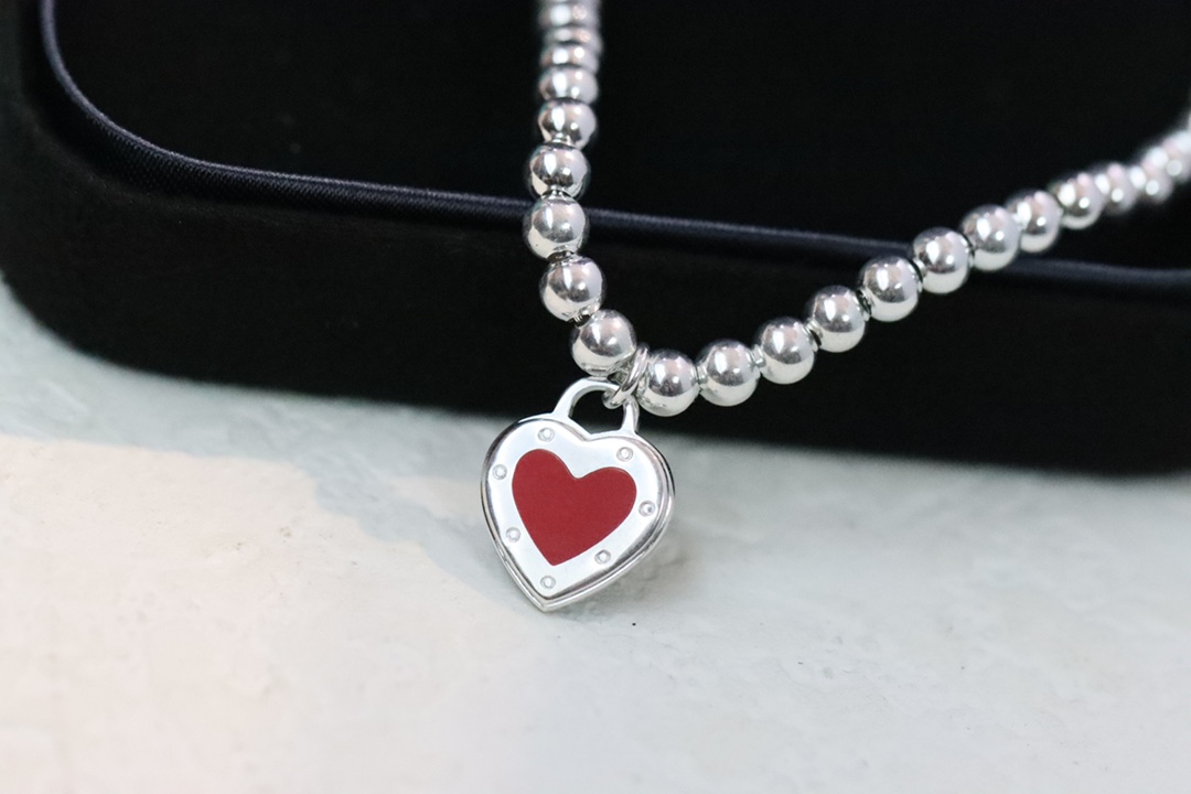 Tiffany & Co. Tiffany&Co 红色珐琅心形针扣锁骨项链 925纯银