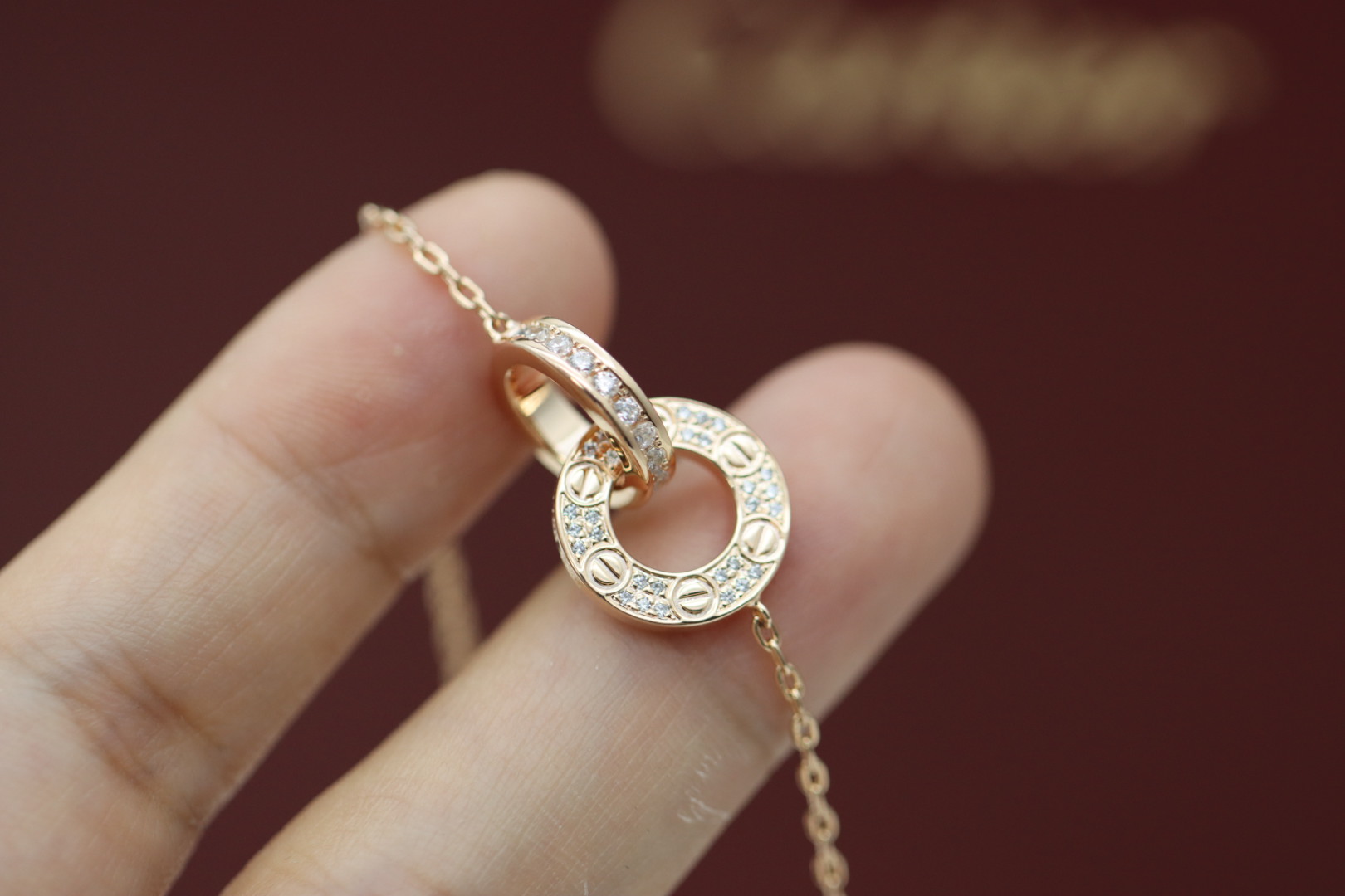 Cartier Cartier 卡地亚 玫瑰金双环满钻圆饼项链
