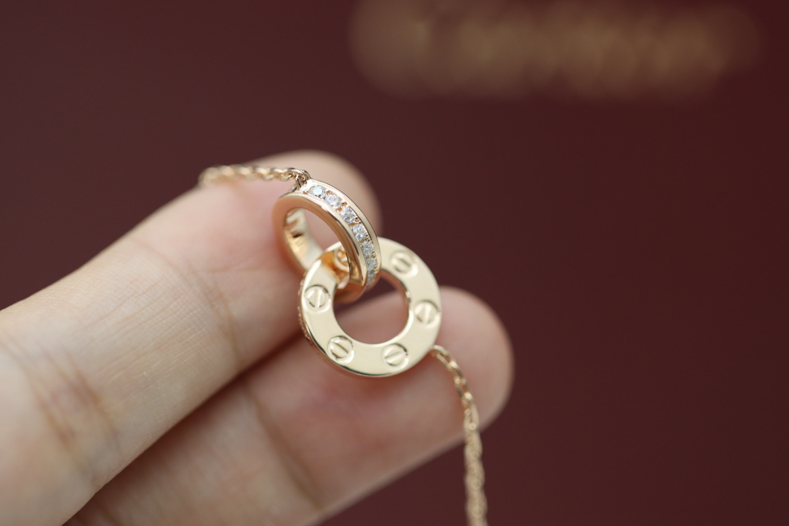 Cartier Cartier 卡地亚 玫瑰金双环满钻圆饼项链