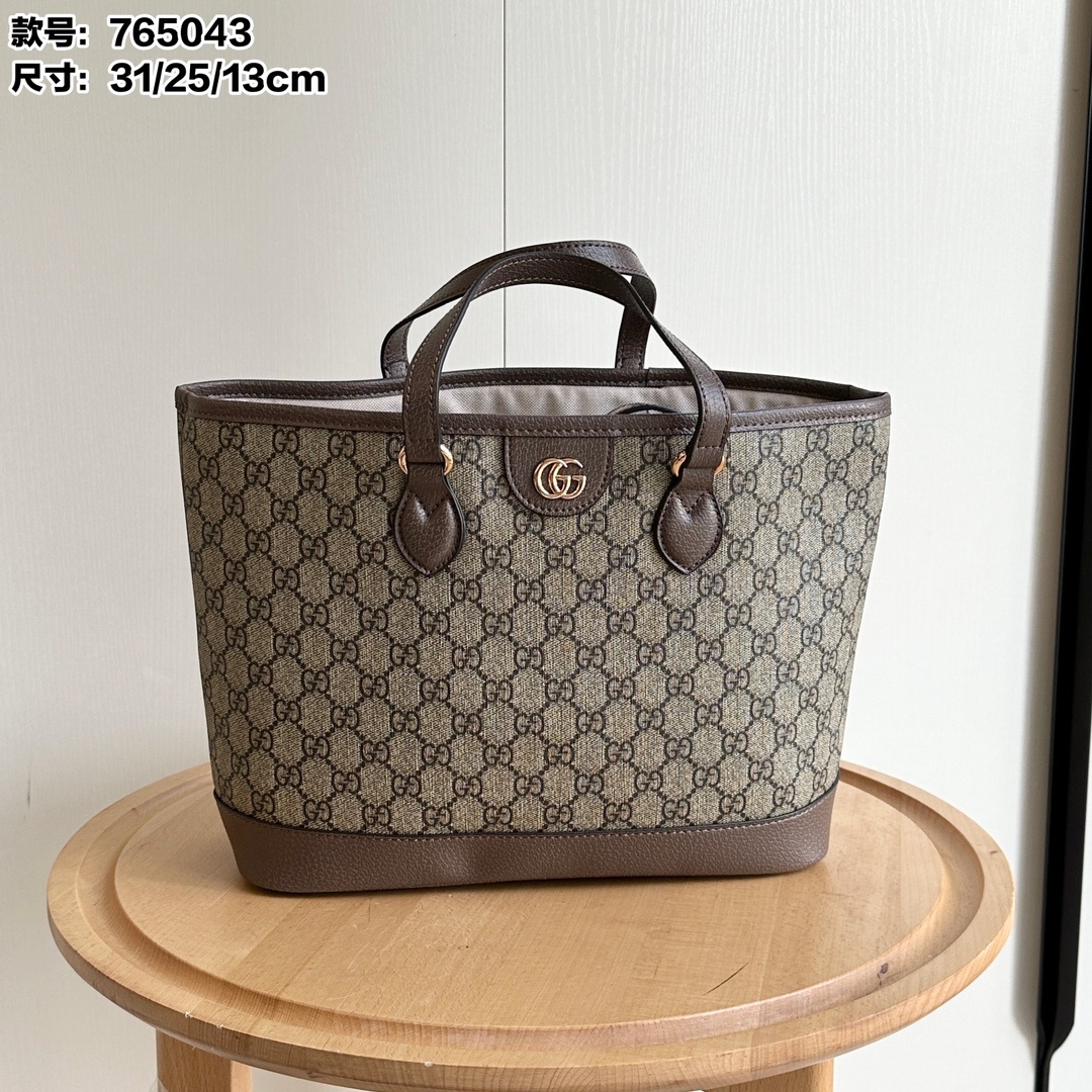 实拍#款号啡小号尺寸31X25X13~小号购物袋Ophidia系列GG迷你托特包,米色和乌木色GG搭配棕