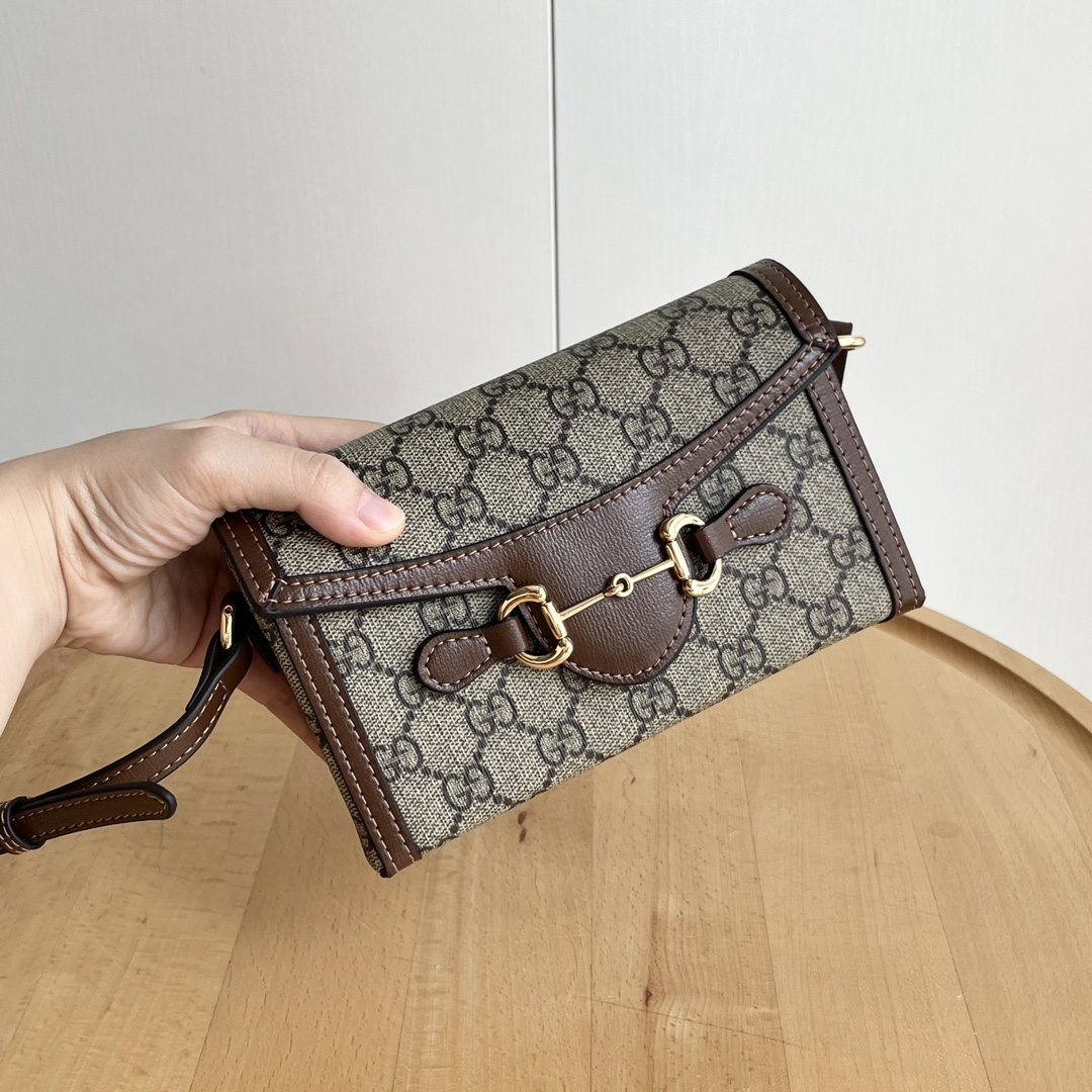 Gucci 699296 Beige Ebony GG Supreme with brown leather 18 12 5cm crossbody everyday