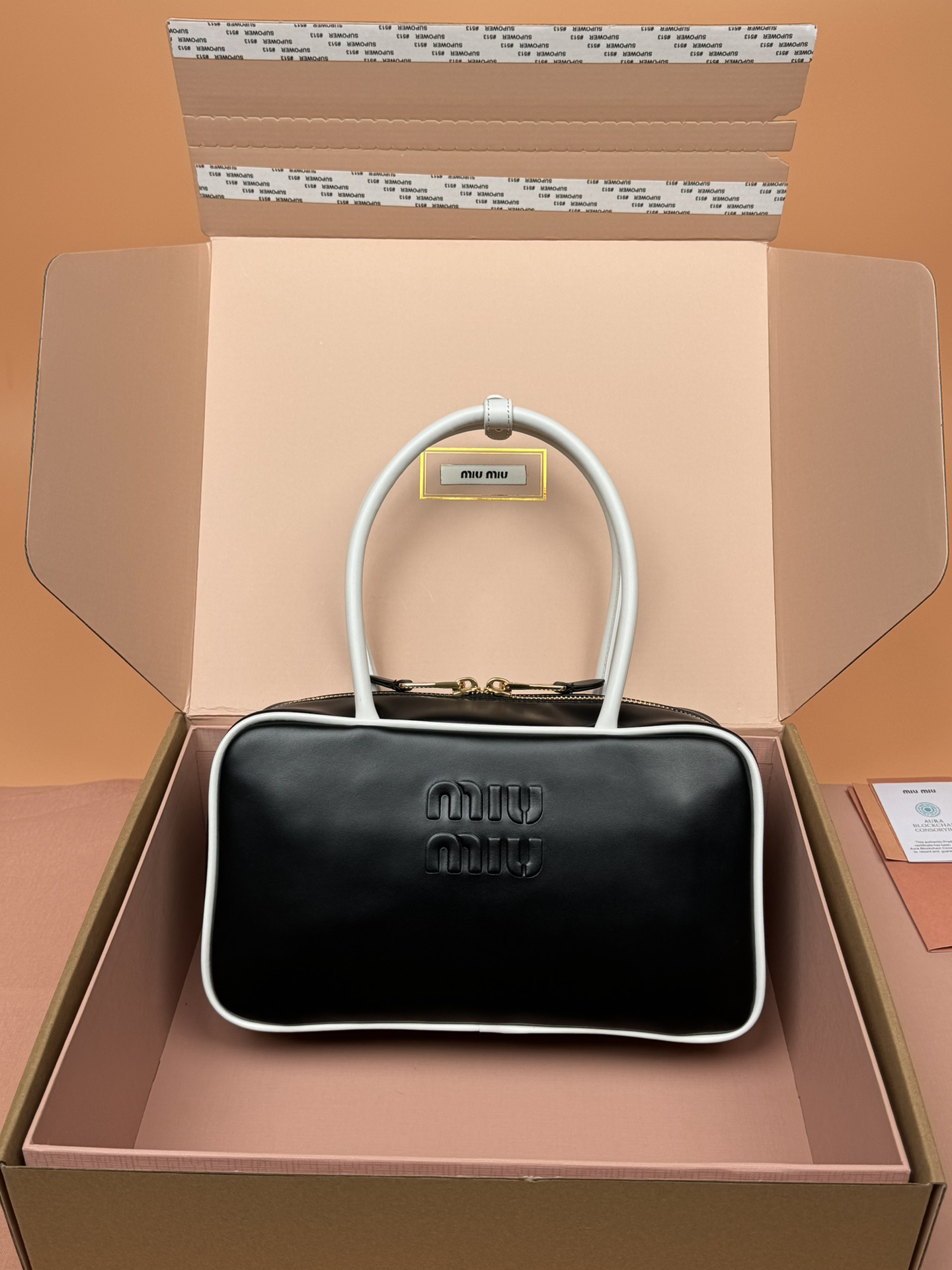 Miu Miu Briefcase Beau cowhide color matching handbag/shoulder bag~