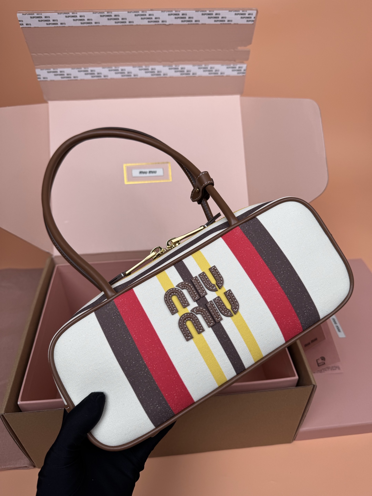 Miu Miu Beau Canvas & Leather Handbag, Striped Design, Top Handle, Stylish 5 i1749186832402 1872 0 4