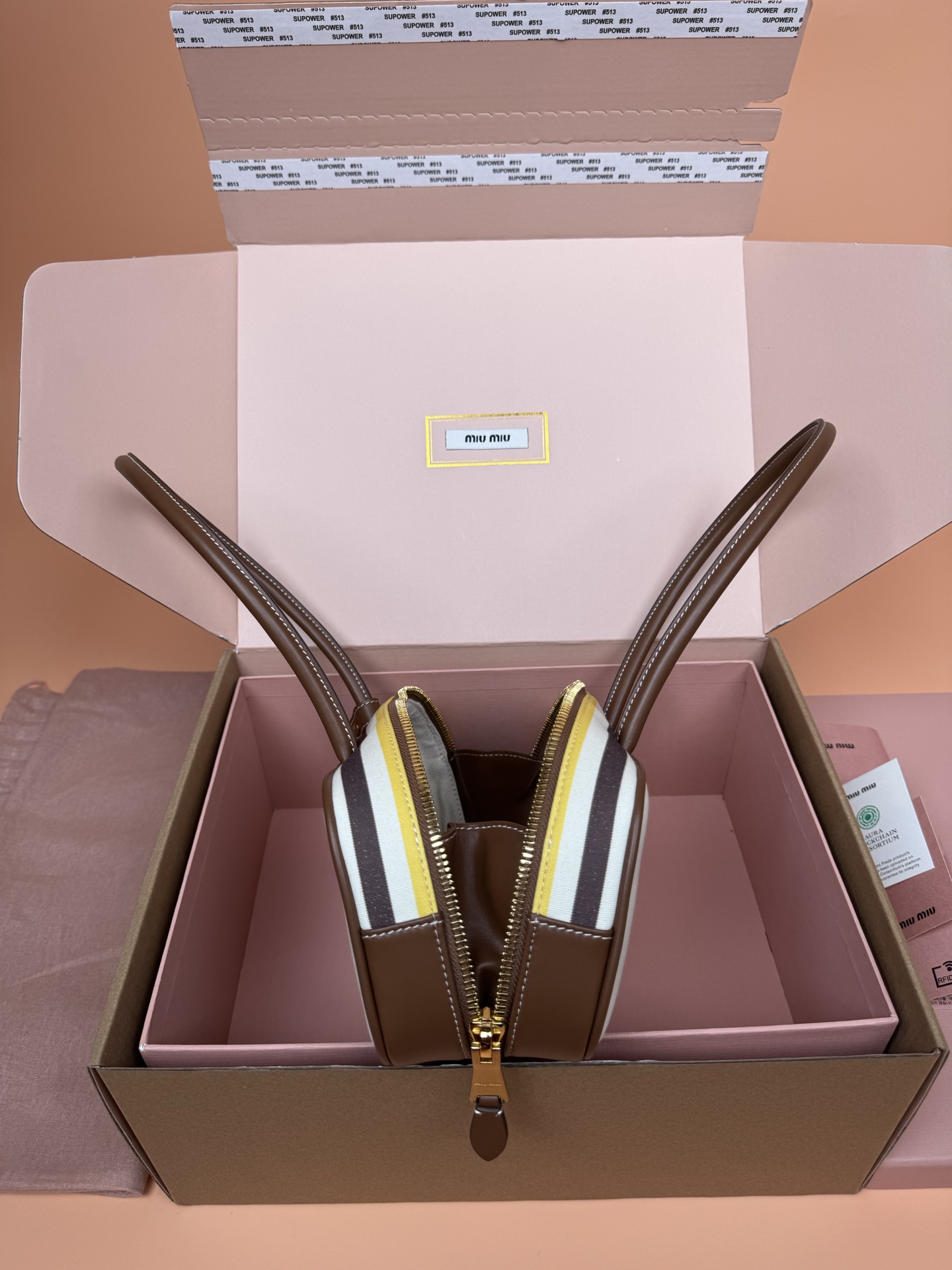 Miu Miu Beau Canvas & Leather Handbag, Striped Design, Top Handle, Stylish 9 i1749186832448 8763 0 8