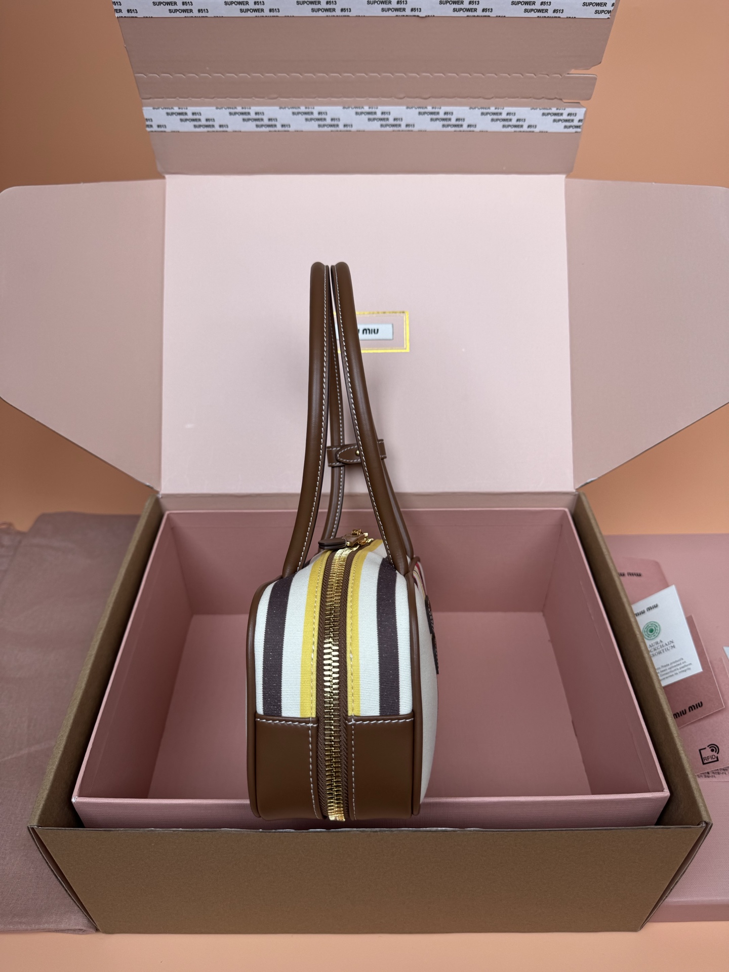 Miu Miu Beau Canvas & Leather Handbag, Striped Design, Top Handle, Stylish 2 i1749186832533 770 0 1