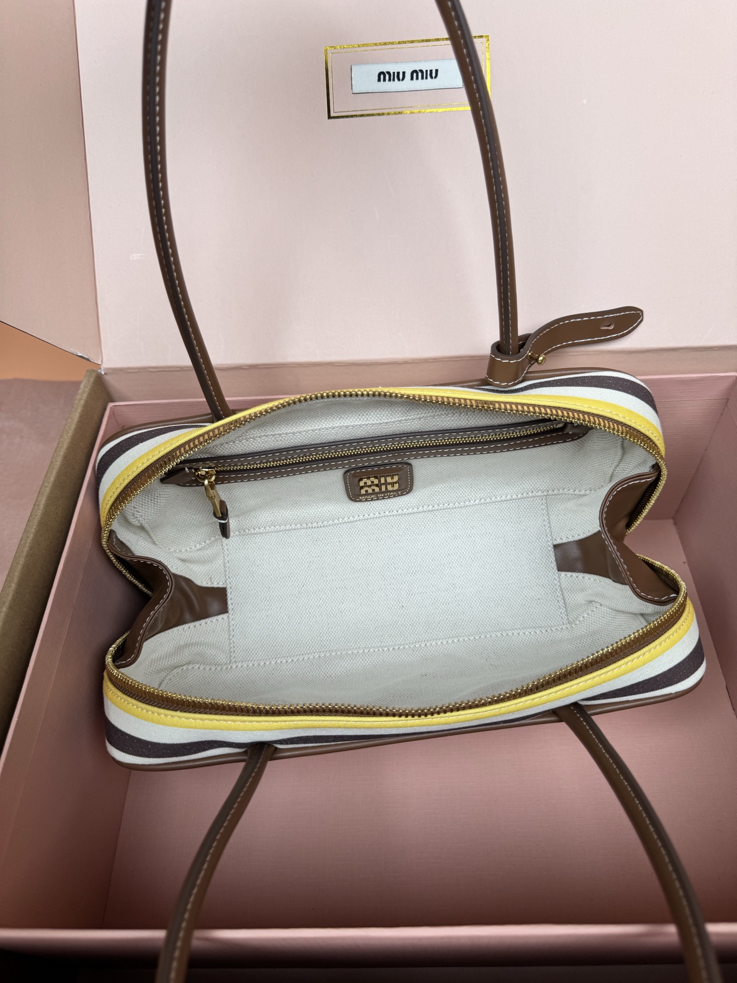 Miu Miu Beau Canvas & Leather Handbag, Striped Design, Top Handle, Stylish 8 i1749186832534 3719 0 7