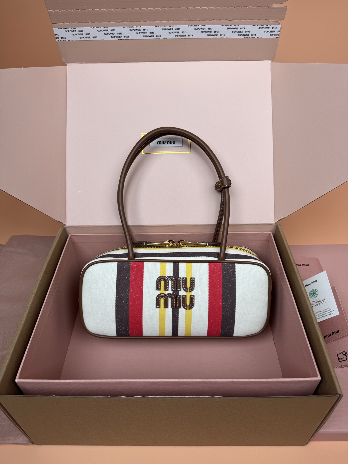 Miu Miu Beau Canvas & Leather Handbag, Striped Design, Top Handle, Stylish 1 i1749186834415 4407 0 0
