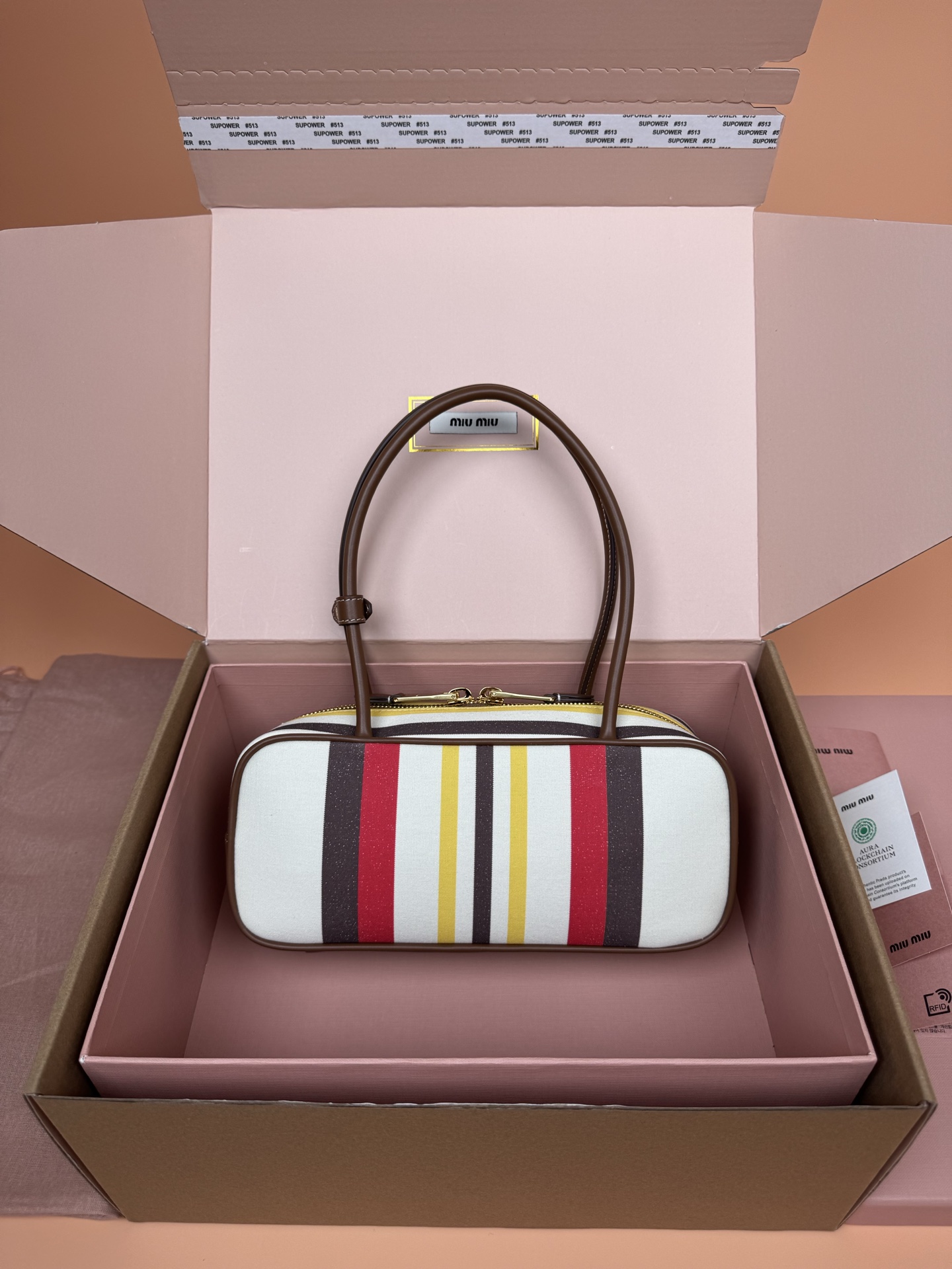Miu Miu Beau Canvas & Leather Handbag, Striped Design, Top Handle, Stylish 3 i1749186834492 580 0 2