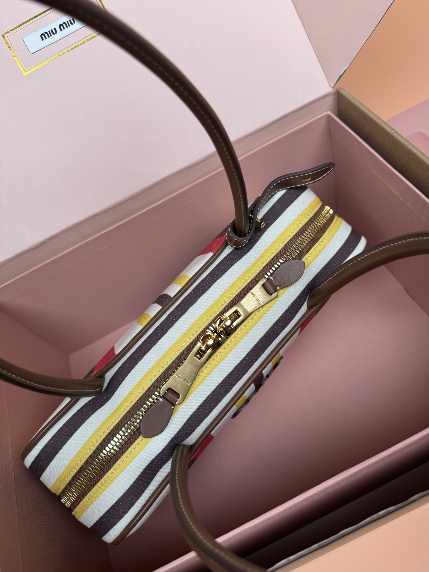 Miu Miu Beau Canvas & Leather Handbag, Striped Design, Top Handle, Stylish 7 i1749186834495 9181 0 6