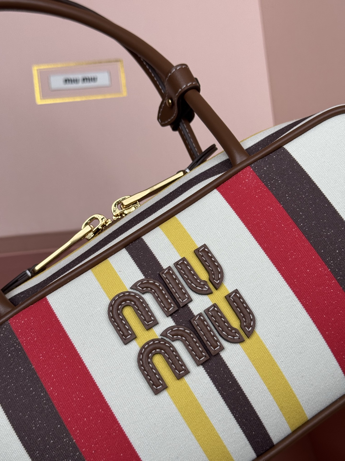 Miu Miu Beau Canvas & Leather Handbag, Striped Design, Top Handle, Stylish 6 i1749186834562 7203 0 5