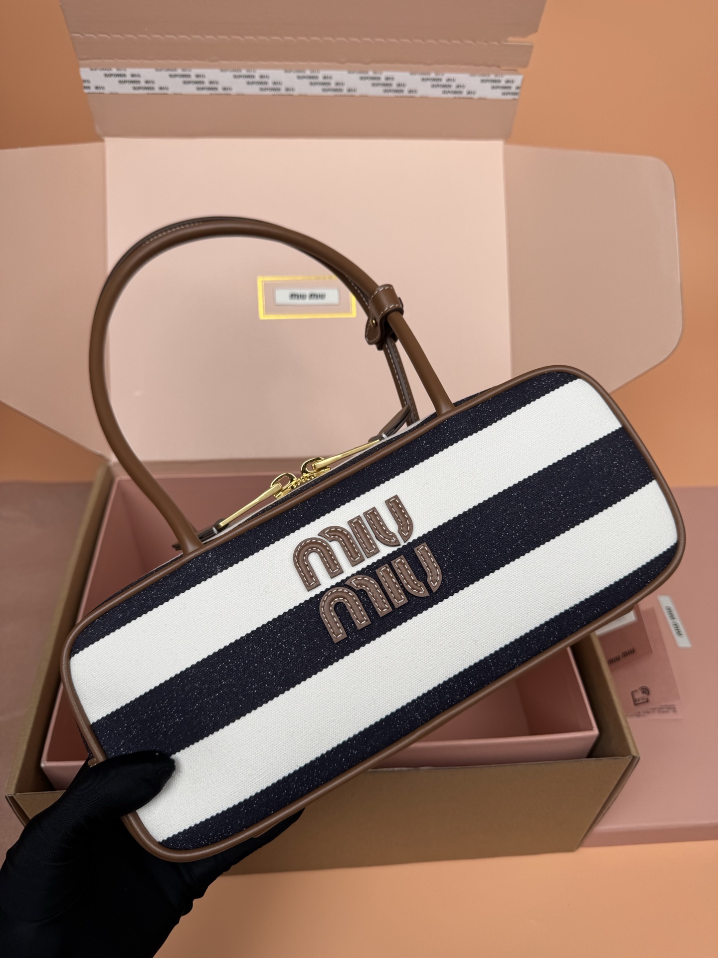 Miu Miu Beau Canvas and Leather Handbag, Top Handle, Shoulder Bag, Striped 7 i1749188187316 8123 0 5
