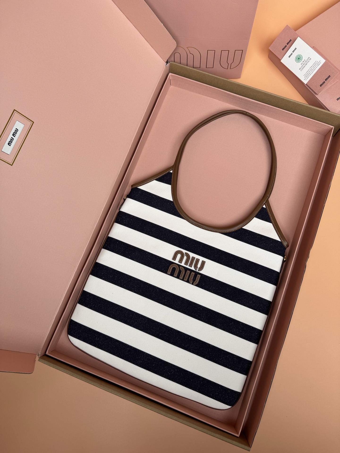 Miu Miu IVY Canvas Tote Bag, Striped Design, MM0780, White and Blue, 35x40cm
