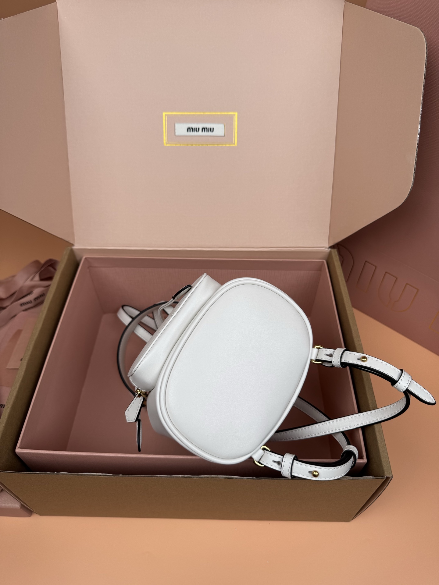 p860。【特级五金原厂皮】双肩包牛皮革～迷你白色

这款牛皮革双肩迷你背包采用校园风设计，让人想起童年，融合精湛工艺与休闲态度。别致的多口袋设计彰显品牌手袋的时尚趣致精神。.
尺寸:W15×H17.5×D10.5cm
編號：5BZ045