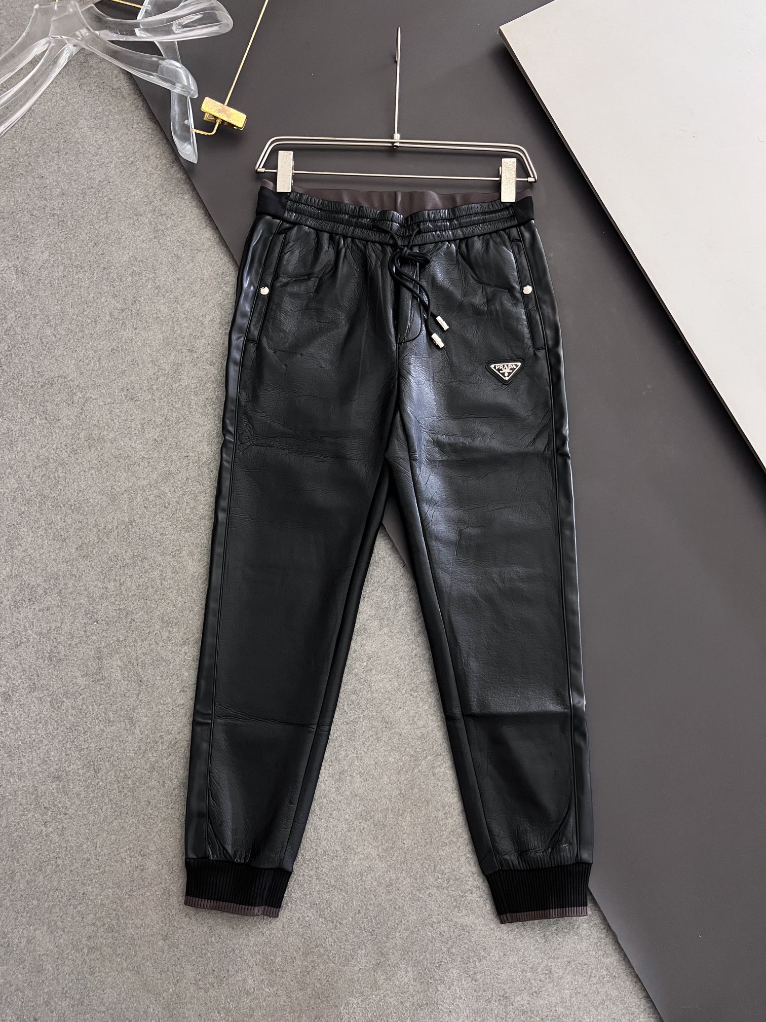 Prada Clothing Pants & Trousers Black Red Silver Splicing Men Genuine Leather Polyester PU Rubber Fall/Winter Collection Fashion Casual