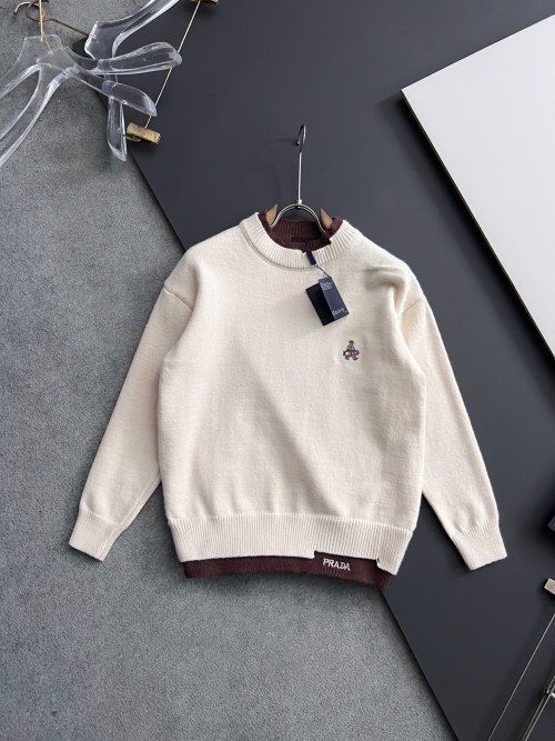 Prada Color Block High Density Knit Sweater, Logo Embroidery, Slim Fit 1 Prada Color Block High Density Knit Sweater, Logo Embroidery, Slim Fit