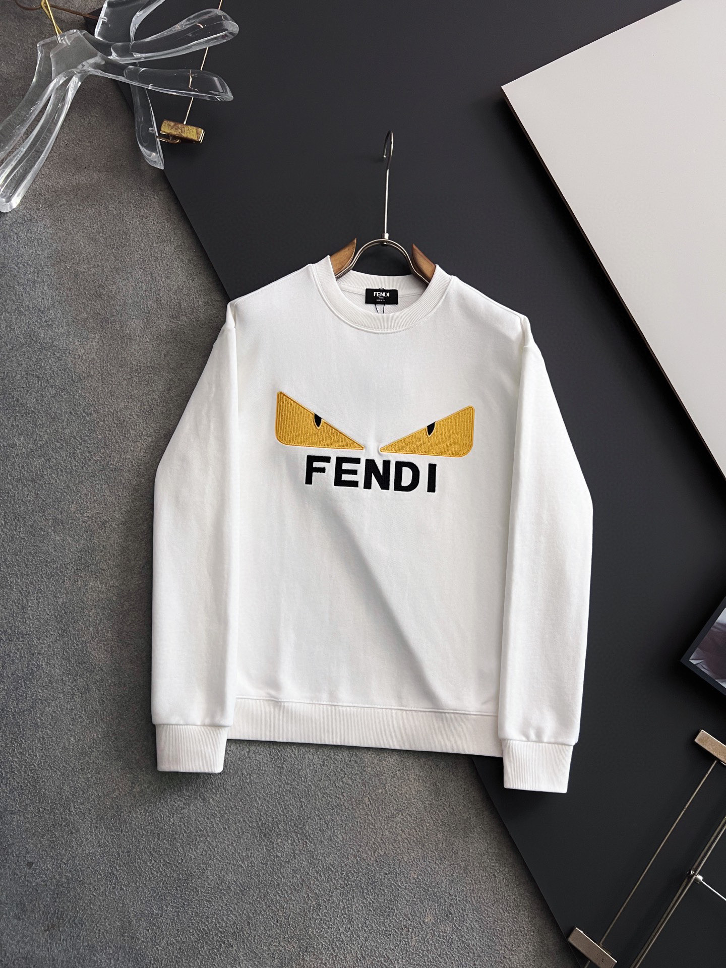 Fendi 2025Ss White Cotton Sweatshirt with Yellow Monster Eyes Embroidery