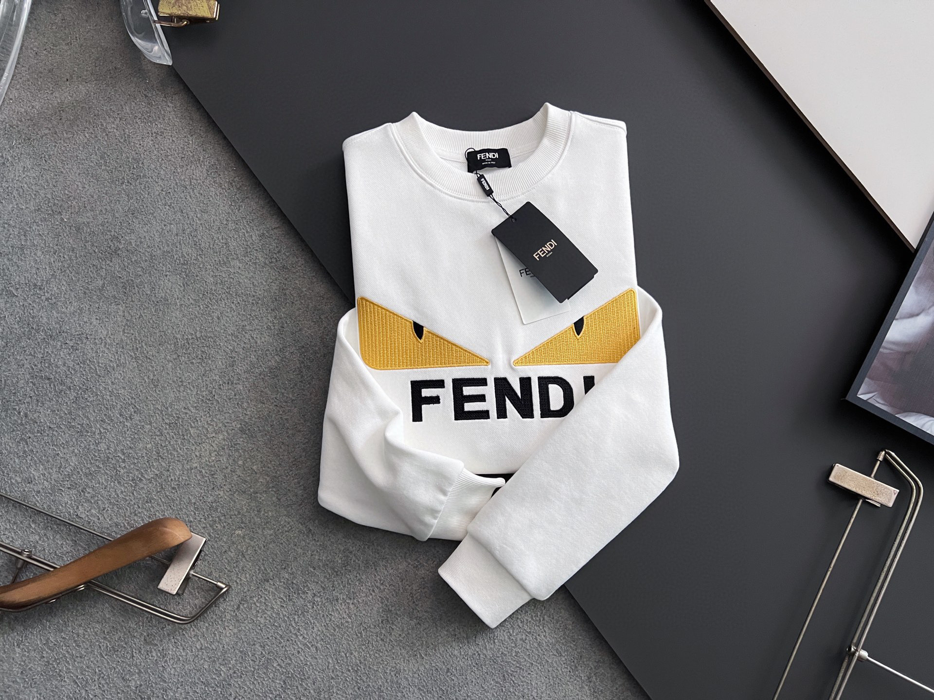 Fendi 2025Ss White Cotton Sweatshirt with Yellow Monster Eyes Embroidery 9 i1758036813024 7799 0 7