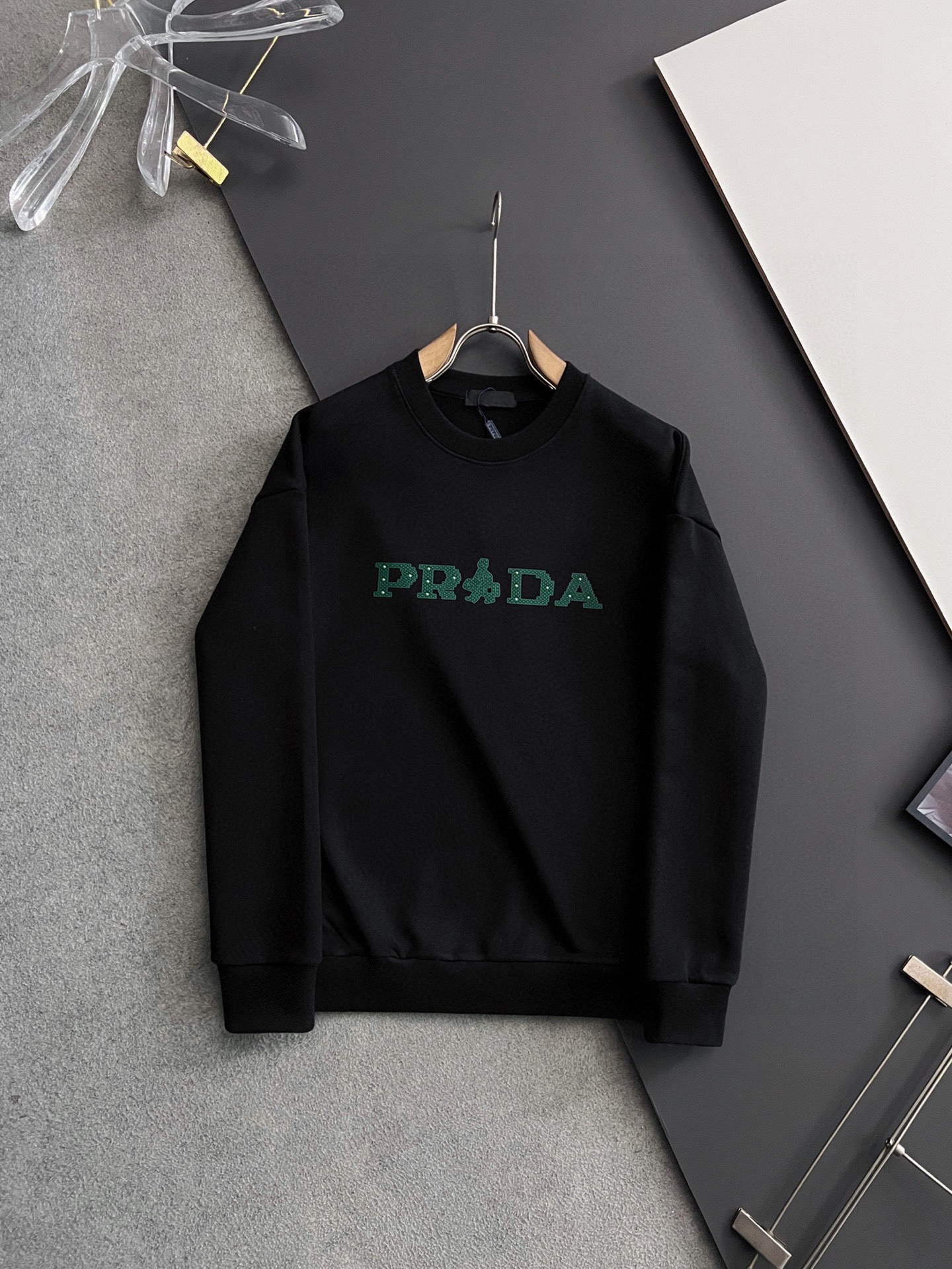 Prada Men's Black Cotton Sweatshirt with Green Logo - Luxurious Comfort