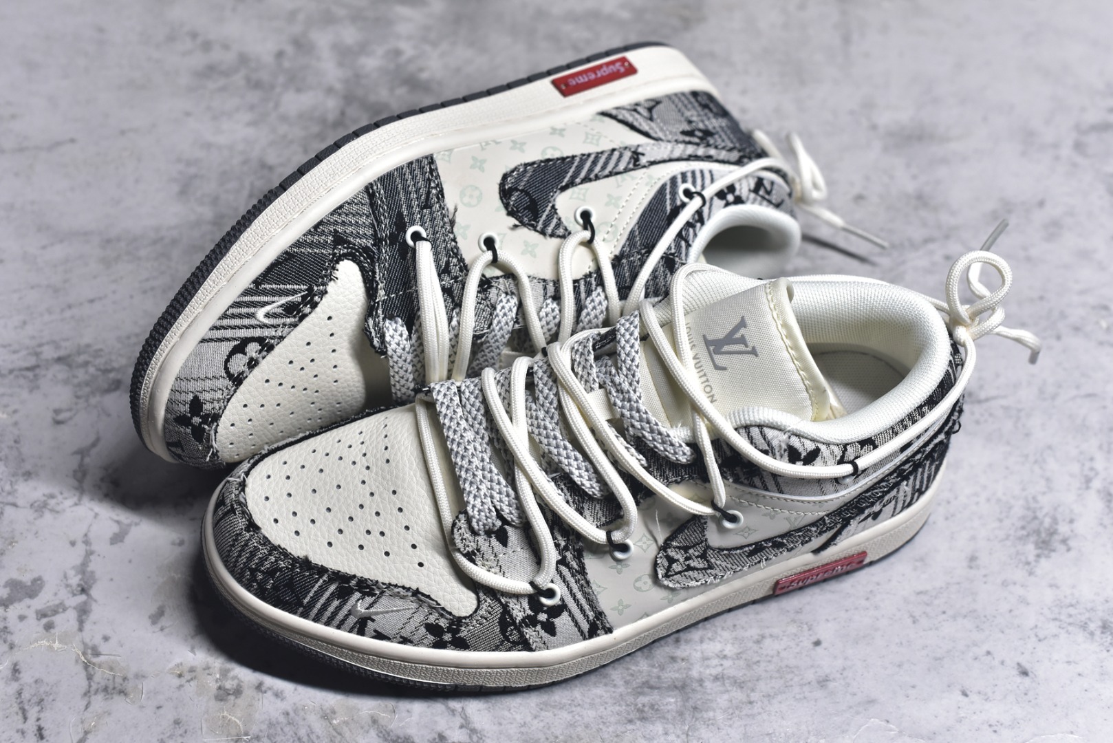 图片[7]-#Air Jordan 1 Low AJ1 乔1 LV联名 灰花布抽绳 高端定制 低帮复古篮球鞋 YX5066-372 #定制鞋盒 大厂纯原品质出货 超高清洁度 皮料切割干净无任何毛边 细节完美 尺码：36 36.5 37.5 38 38.5 39 40 40.5 41 42 42.5 43 44 44.5 45 9.E5-选品中心