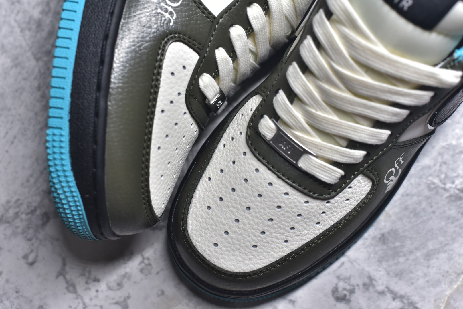 图片[8]-#海外限量发售！公司级Nike Air Force 1 \’07 Low “OFF-WHITE联名——双拼黑绿蓝”空军一号 低帮 运动鞋 休闲鞋 折边针车 工艺难度大 原楦头原纸板 原装鞋盒 定制五金配件 内置全掌气垫 原厂鞋底 货号：QW5836-022 尺码：36 36.5 37.5 38 38.5 39 40 40.5 41 42 42.5 43 44 44.5 45-选品中心