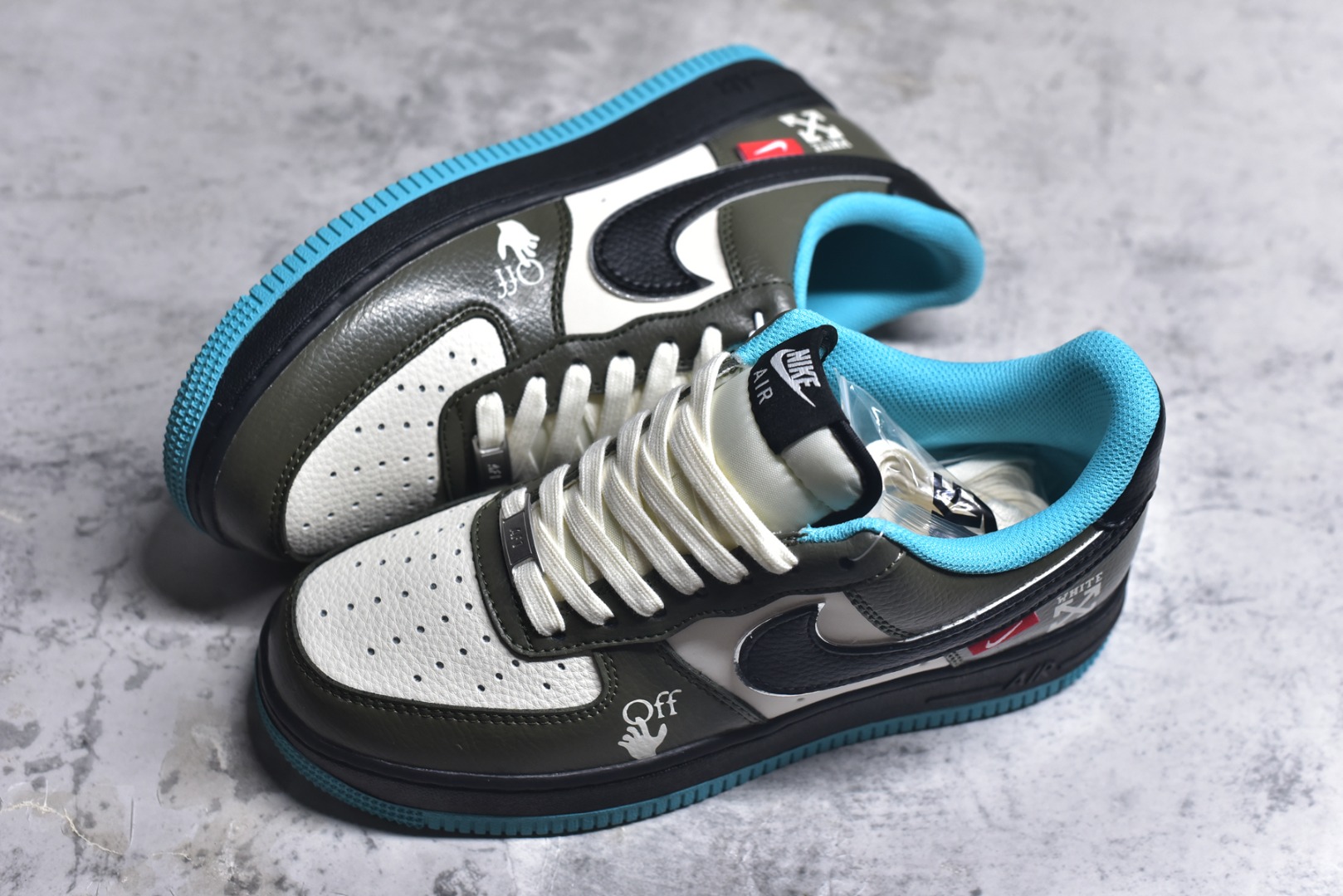 图片[7]-#海外限量发售！公司级Nike Air Force 1 \’07 Low “OFF-WHITE联名——双拼黑绿蓝”空军一号 低帮 运动鞋 休闲鞋 折边针车 工艺难度大 原楦头原纸板 原装鞋盒 定制五金配件 内置全掌气垫 原厂鞋底 货号：QW5836-022 尺码：36 36.5 37.5 38 38.5 39 40 40.5 41 42 42.5 43 44 44.5 45-选品中心
