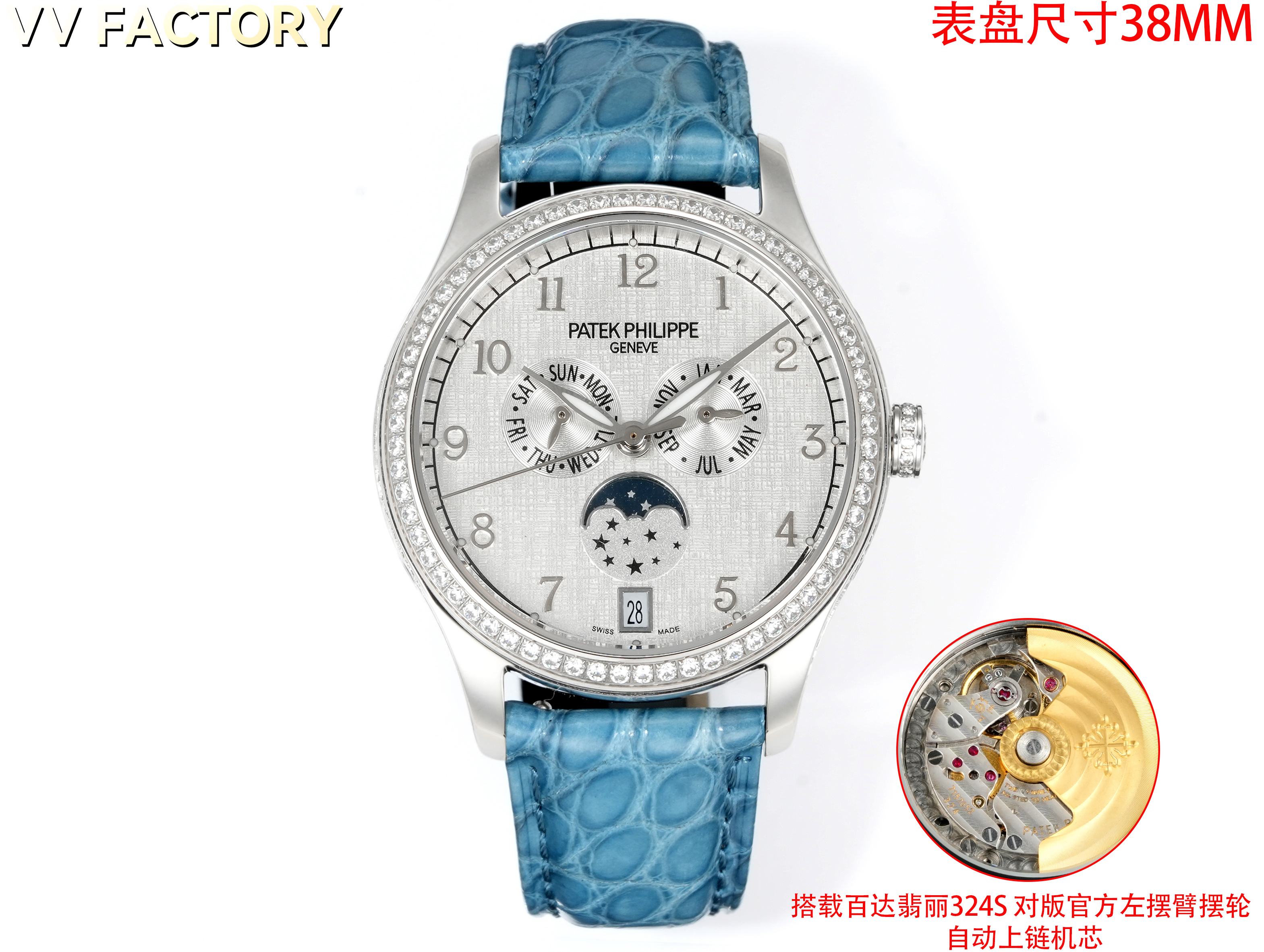 VV Factory 出品 🌐鳄鱼皮送牛皮
2025最新推出 百达翡丽复杂功能时计⌚PP姐妹款,
❤️38mm尺寸 4947G,4947R,4948G,4948R
🧡37mm尺寸 4936G,4936R,4936J,4937G,4937R
搭载多功能的设计,奢华的女士腕表,由众多精美的细节,勾勒出它最美的样子。或装饰以华美的贵金属,或点缀有璀璨的钻石,令人赏心悦目。37和38的表径,11毫米的厚度,上手舒适贴合
【表壳专注】玫瑰金与白金款式,外壳由精钢904 采用EPPT电镀技术
1️⃣【表盘细节】分别有布纹、贝壳、放射等面,真材实料不惜成本复原,数字刻度,💓表耳间距采用官方对版尺寸19-14,历时半年开模研发,不同于市场其他版本19-16表耳尺寸,还原官方标准尺寸✨
2️⃣【镶钻技术】采用“莫桑钻”镶嵌,由于镶嵌难度大,尽可能复原尺寸大小与位置
表径37mm 38mm 厚度11mm
3️⃣采用原装进口9015自动机械 作为基础机芯 复刻Cal.324 S QA LU机芯 复原ZP一样“左”摆臂摆轮
4️⃣日历可快调或顺时跳,
月相一个月转一圈,可快调
5️⃣ 星期由日期带动转跳,可快调
6️⃣ 月份与ZP一样手动调,可快调
7️⃣【表扣】搭配14MM🏹️箭型Patek Philippe原厂级针扣。整扣采用十字卜形为基础必赋予大面积平面及斜边位叠机高光处理,原版三角形例仔,并全部电镀白金,黄金及玫瑰金,最大程度还原质感
8️⃣【表带】采用自然裂纹鳄鱼皮,以及缝线的装饰下更显素雅、优美之感。手动拆卸伸耳,下单即送竹节纹牛皮,🎁10个颜色,任意搭配🌐