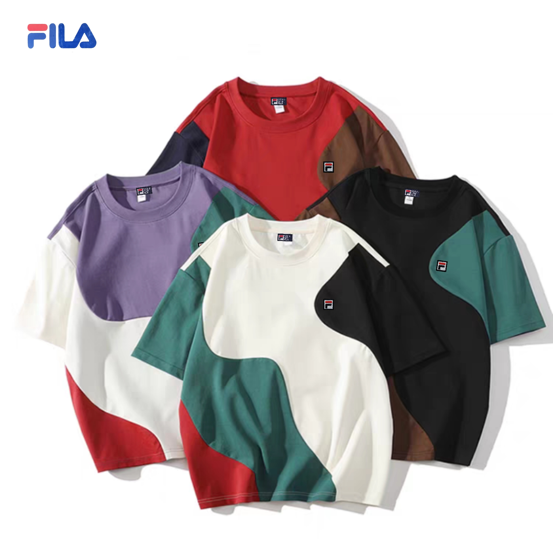 Fila High
 Clothing T-Shirt Black Purple Red Yellow Splicing Unisex Cotton Summer Collection Casual