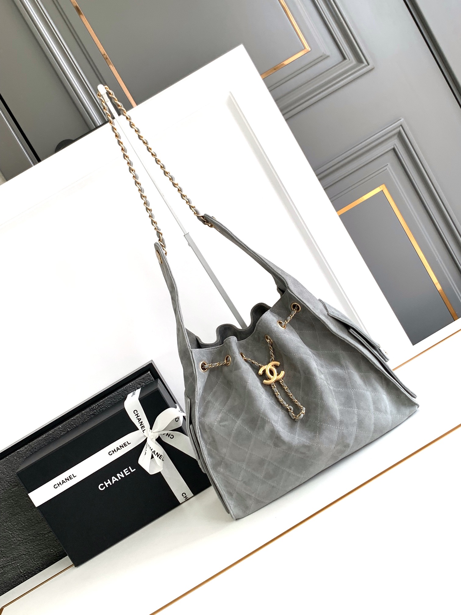 Chanel Borse con Coulisse Grigio Frosted Vintage Catene