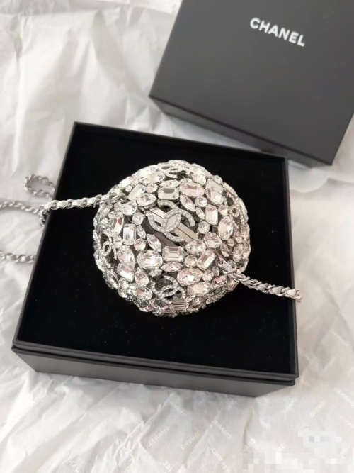 Chanel Crystal Embellished Sphere Minaudiere, Silver Metal Chain Shoulder Bag 1 Chanel Crystal Embellished Sphere Minaudiere, Silver Metal Chain Shoulder Bag