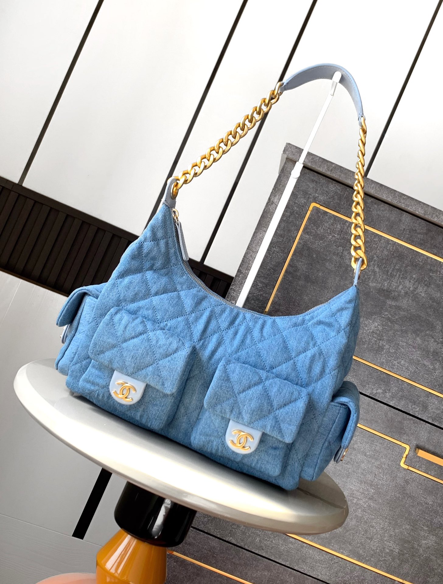 OHANEL 25C Hobo Bag, Denim, Gold Chain, Lightweight & Roomy