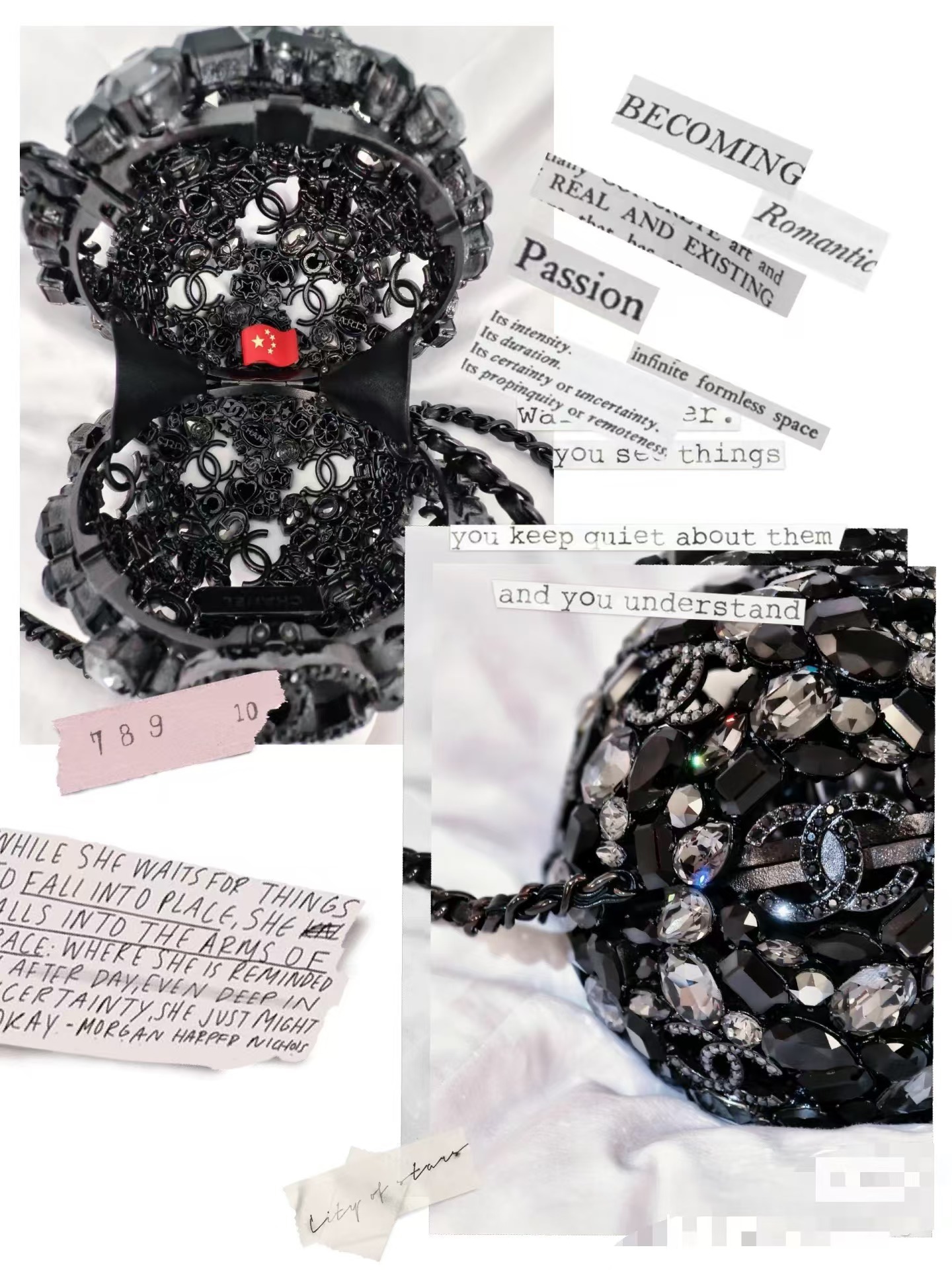 NO:700821,'Black Crystal Ball' is a grand gift. The most beautiful collector's diamond ball bag in the history of OHANEL took a lot of time and effort to complete nearly four months of detailed design. Each font is hand-welded and made with crystal diamonds. A single crystal diamond is very expensive. The project is very complex and the most beautiful.  This item is like a piece of jewelry and I am very surprised when I open it. Behind each diamond are small classic elements, full of details and exquisiteness. I am more delighted than any collector in the past. This diamond ball bag shows the charm of noble temperament no matter where it is carried. It is very dazzling in size 13X13X13cm!  GJ Xiaogui, collector19860909《黑色水晶球》豪礼相送OHANEL史上最美收藏家钻球包花费了大量时间精力去完成将近四个月的细节设计、每一个字体都是手工烧焊制作、上水晶钻石、单单一颗水晶钻就非常昂贵,工程非常复杂最漂亮单品像个珠宝打开也很惊喜每颗钻后面都是经典小元素满满细节超精致在我心里比以往任何一款收藏家都美滋滋,这个钻石球包无论背到那个地方、都显示高贵气质的魅力、非常耀眼尺寸13X13X13cm！GJ小贵哦,收藏家,韩剧