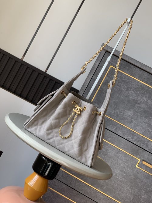 CHANEL 25C Bucket Drawstring Bag Gray Brown Velvet Leather Gold Hardware 1 CHANEL 25C Bucket Drawstring Bag Gray Brown Velvet Leather Gold Hardware