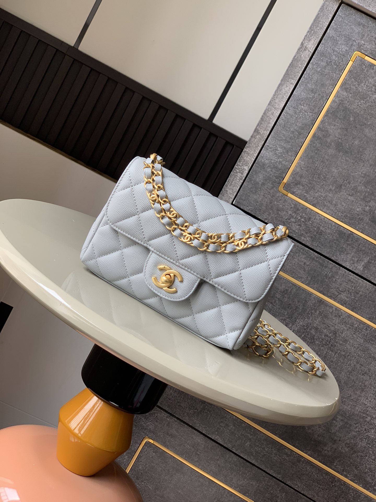 CHANEL 25P Double Chain Caviar Square Bag - Light Gray, Small Size 13x18x5.5cm 2 i1741691916 1266 4