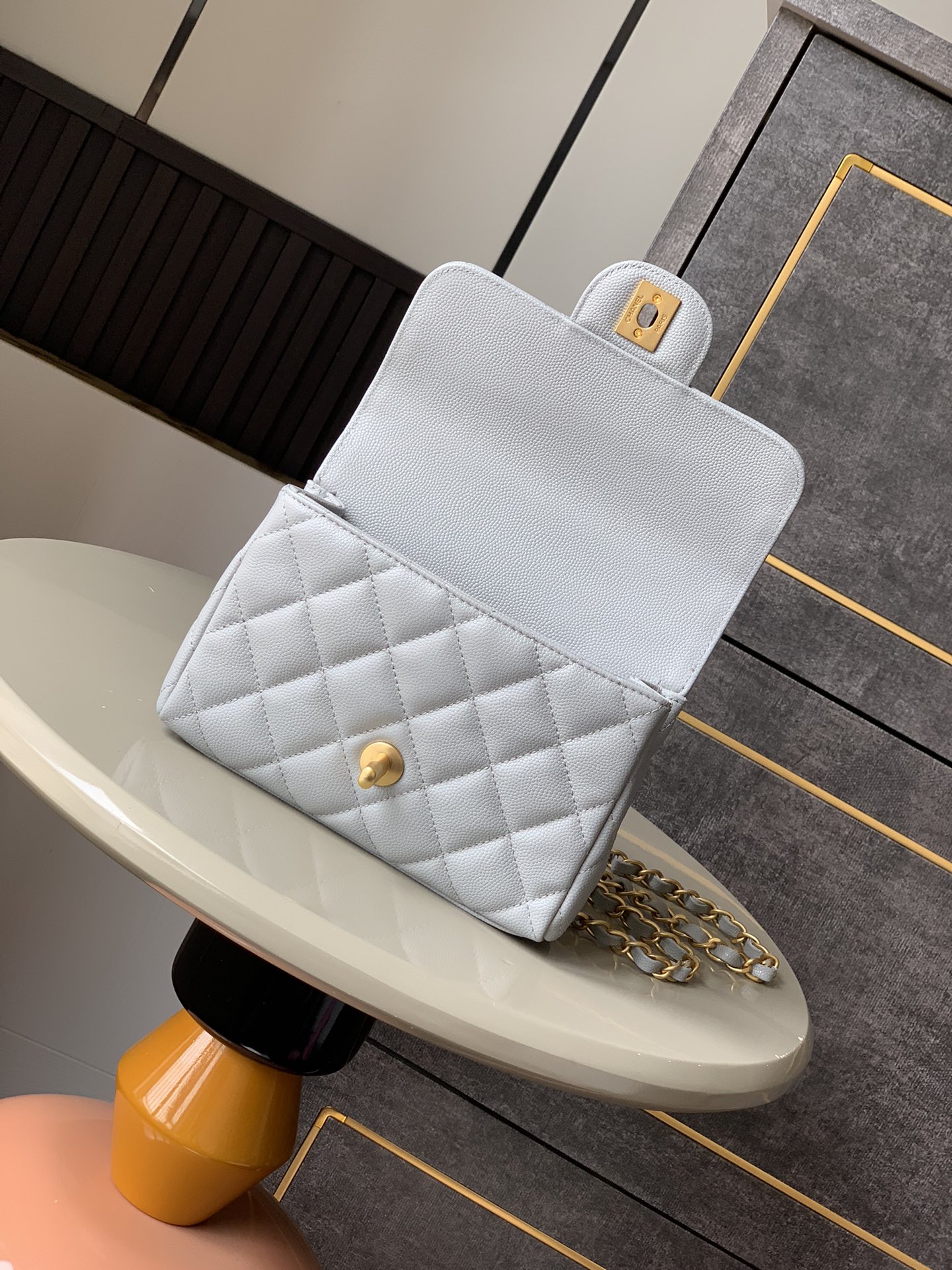 CHANEL 25P Double Chain Caviar Square Bag - Light Gray, Small Size 13x18x5.5cm 6 i1741691916 5617 6
