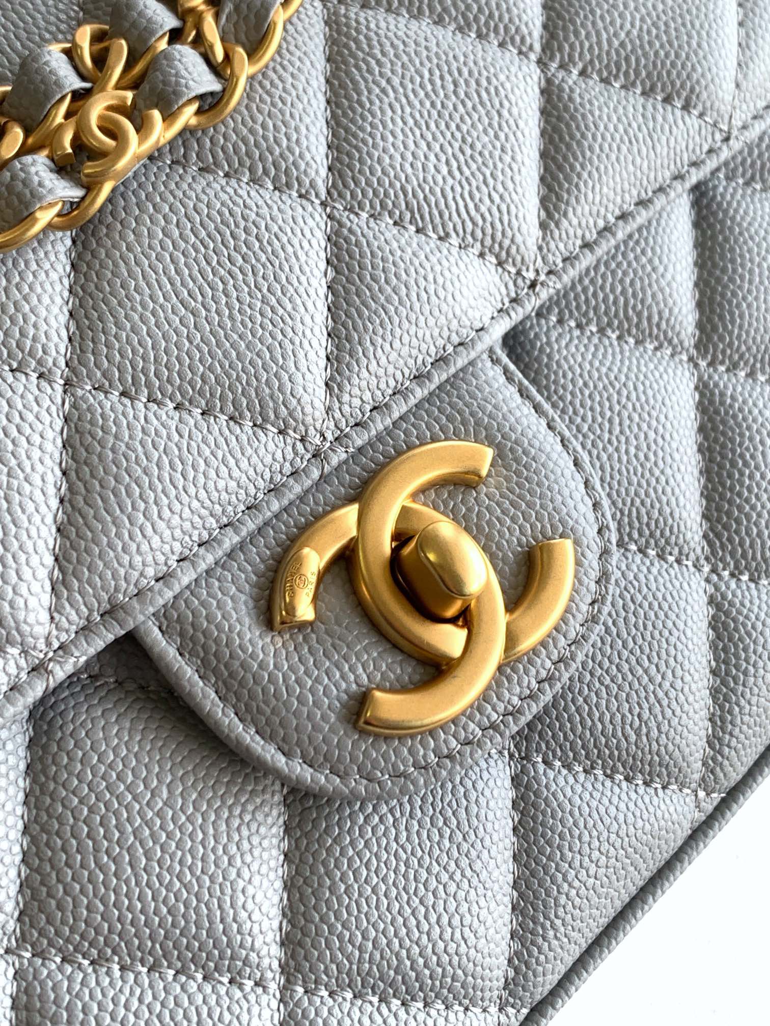 OHANEL 25P Double Chain Caviar Square Bag - Light Grey, 22cm 7 i1741691944 1459 0