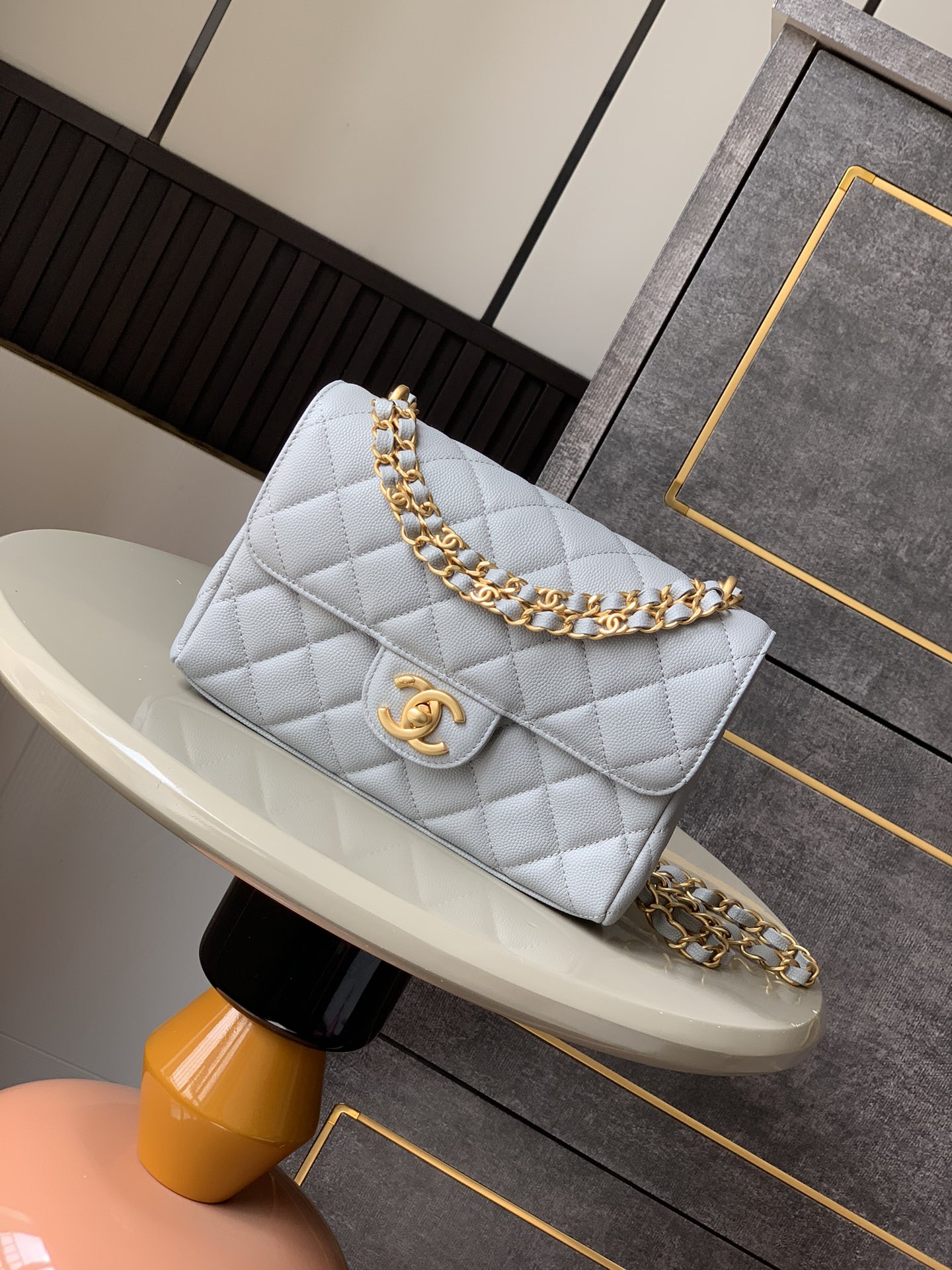 OHANEL 25P Double Chain Caviar Square Bag - Light Grey, 22cm 2 i1741691944 5347 3